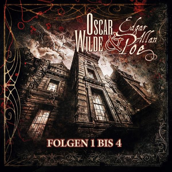 Cover mit einem Gebäude und den Namen Oscar Wilde & Edgar Allan Poe. Blitze schlagen ein, Text: 'Folgen 1 Bis 4'.
