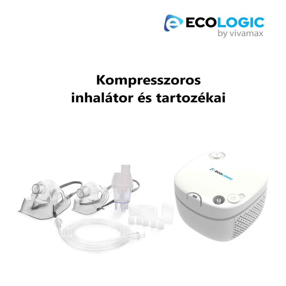 A képen egy inhalátor látható tartozékokkal. Tartalmaz maszkokat, csöveket és egy fehér kompresszort. A szöveg: 'Kompresszoros inhalátor és tartozékai'.