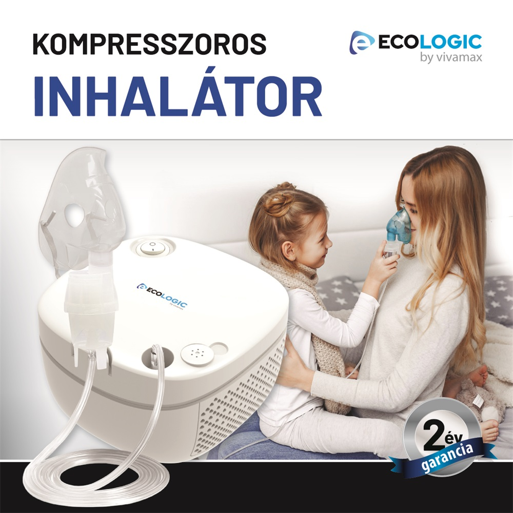 Egy inhalátor gép, egy nő és egy gyermek látható. A nő tartja az inhalátor maszkját a gyermeknek. A gép fehér.