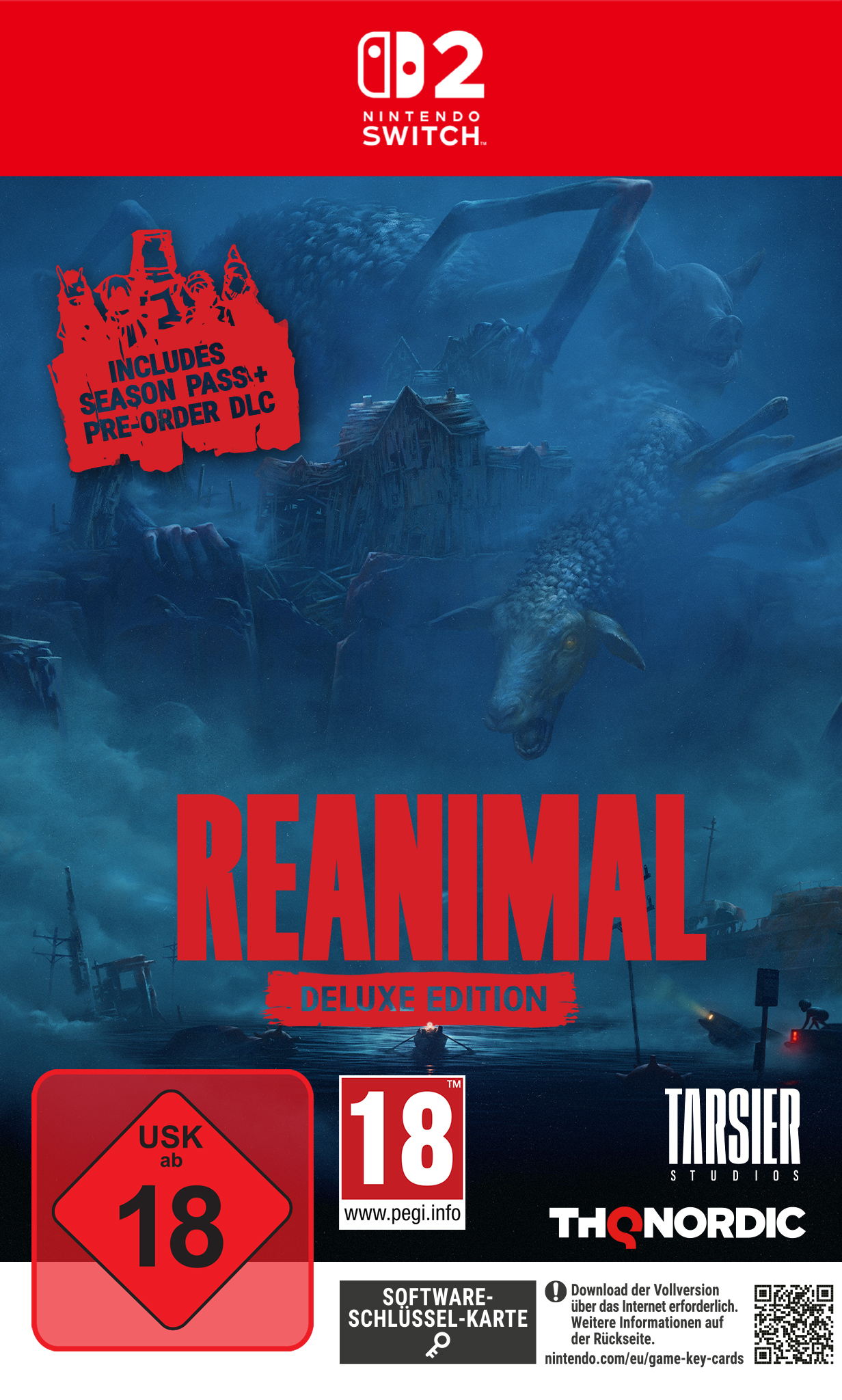 Spielcover. Eine dunkle Szene mit einem Monster, Schaf und einem Haus. Titel lautet 'Reanimal Deluxe Edition'.