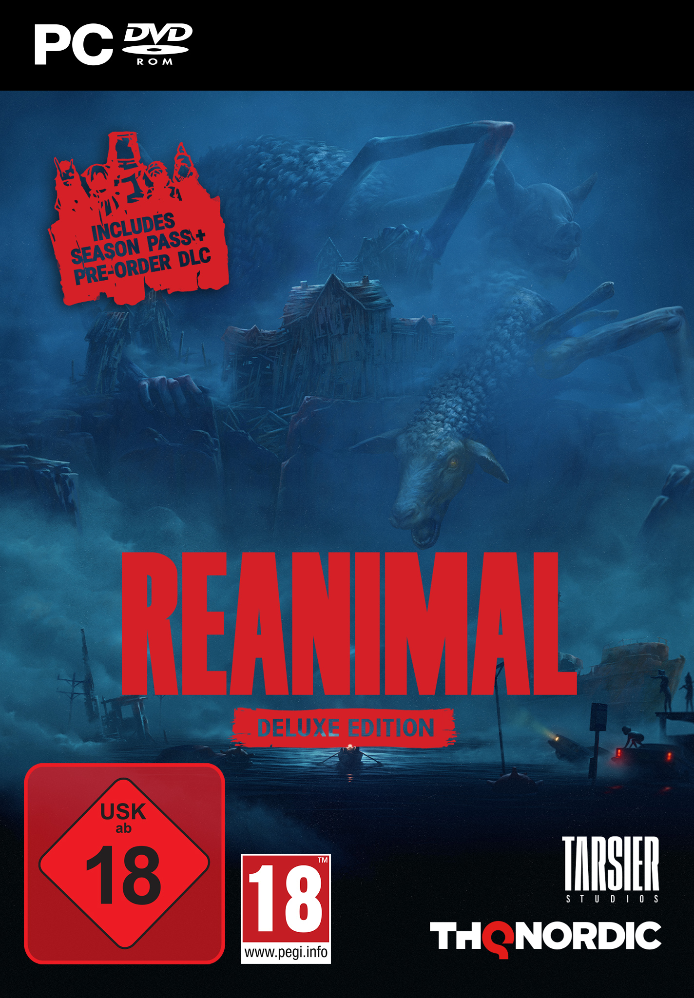 Spielcover. Riesiges Schafwesen, eine Stadt und das Wort REANIMAL. Inklusive Saisonpass und Vorbesteller-DLC.