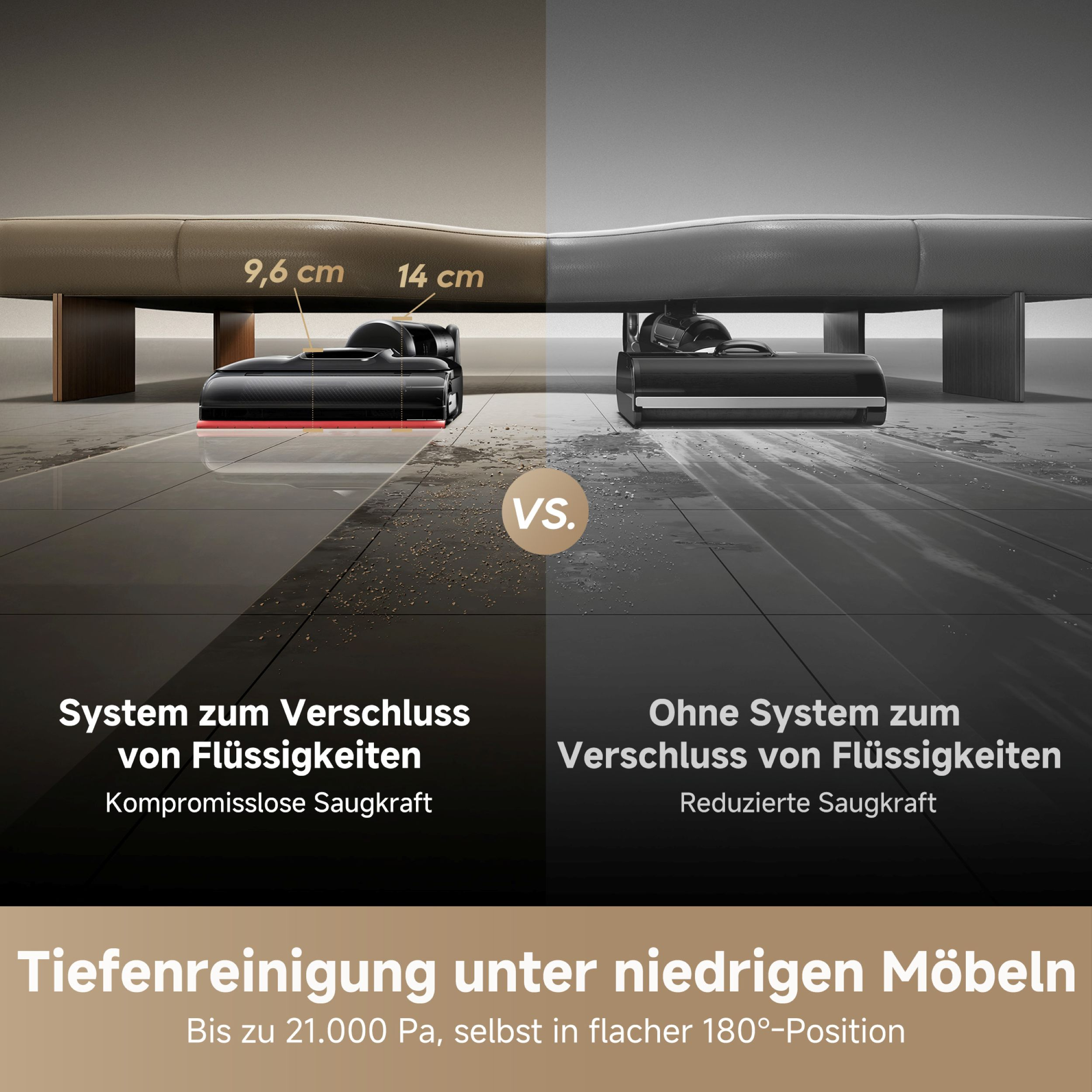 Das Bild zeigt zwei Staubsauger unter einer Bank. Sie sind beschriftet und vergleichen ihre Eigenschaften.