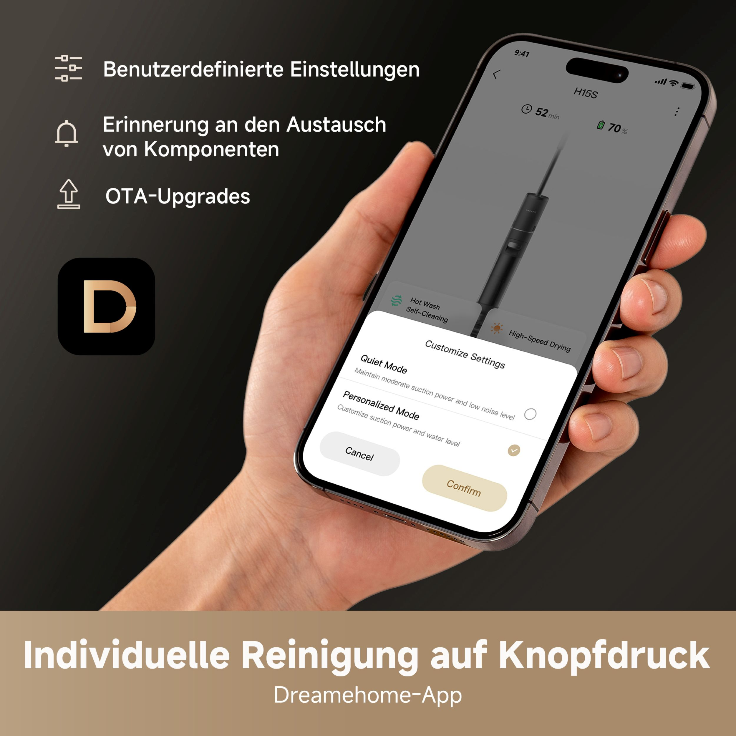 Eine Hand, die ein Telefon hält und Reinigungseinstellungen anzeigt. Optionen sind leise und personalisierte Modi.