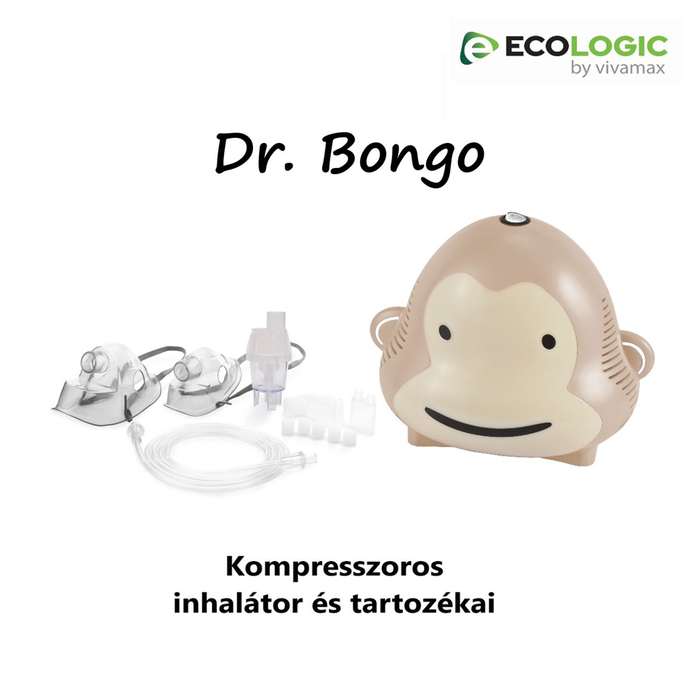 Bézs majom alakú inhalátor kiegészítőkkel. A szöveg a 'Dr. Bongo' és a 'Kompresszoros inhalátor és tartozékai'.