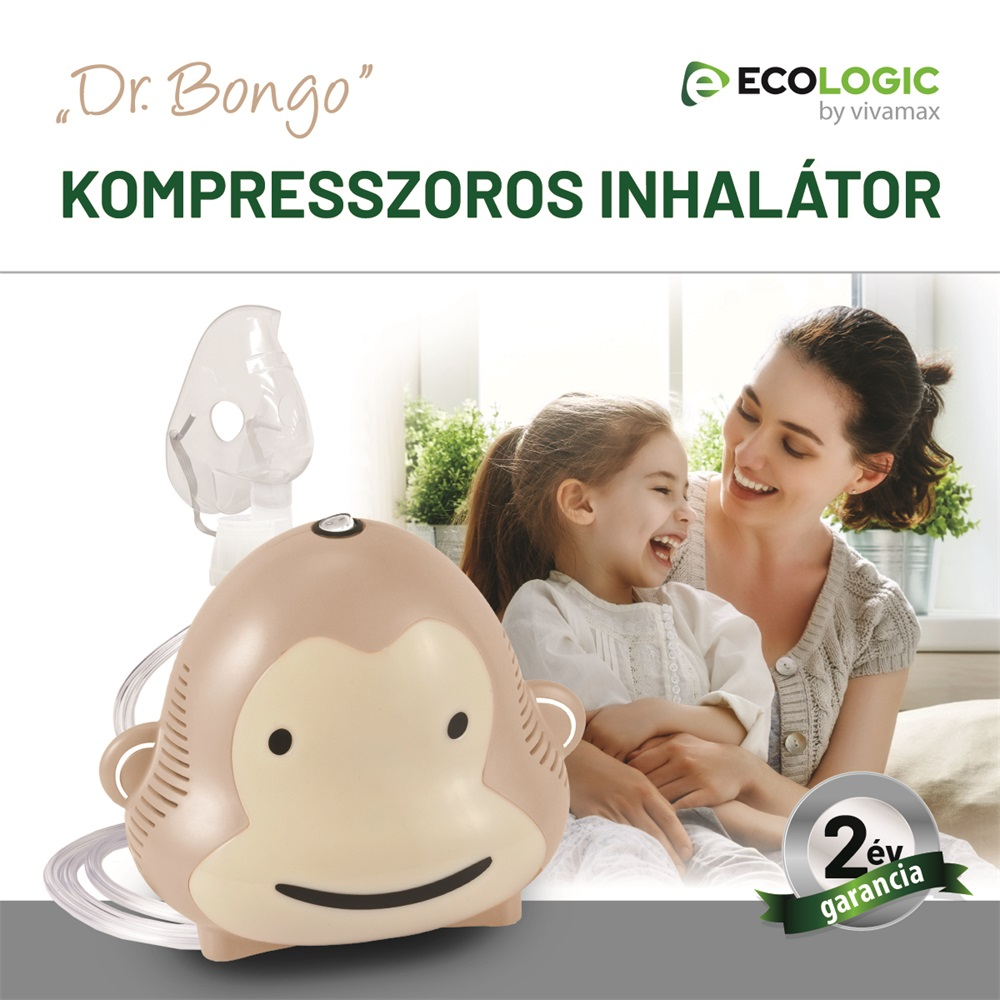 Majom formájú inhalátor maszkkal. Egy nő és egy gyerek mosolyog. Szöveg: Dr. Bongo, Kompresszoros inhalator és garancia.