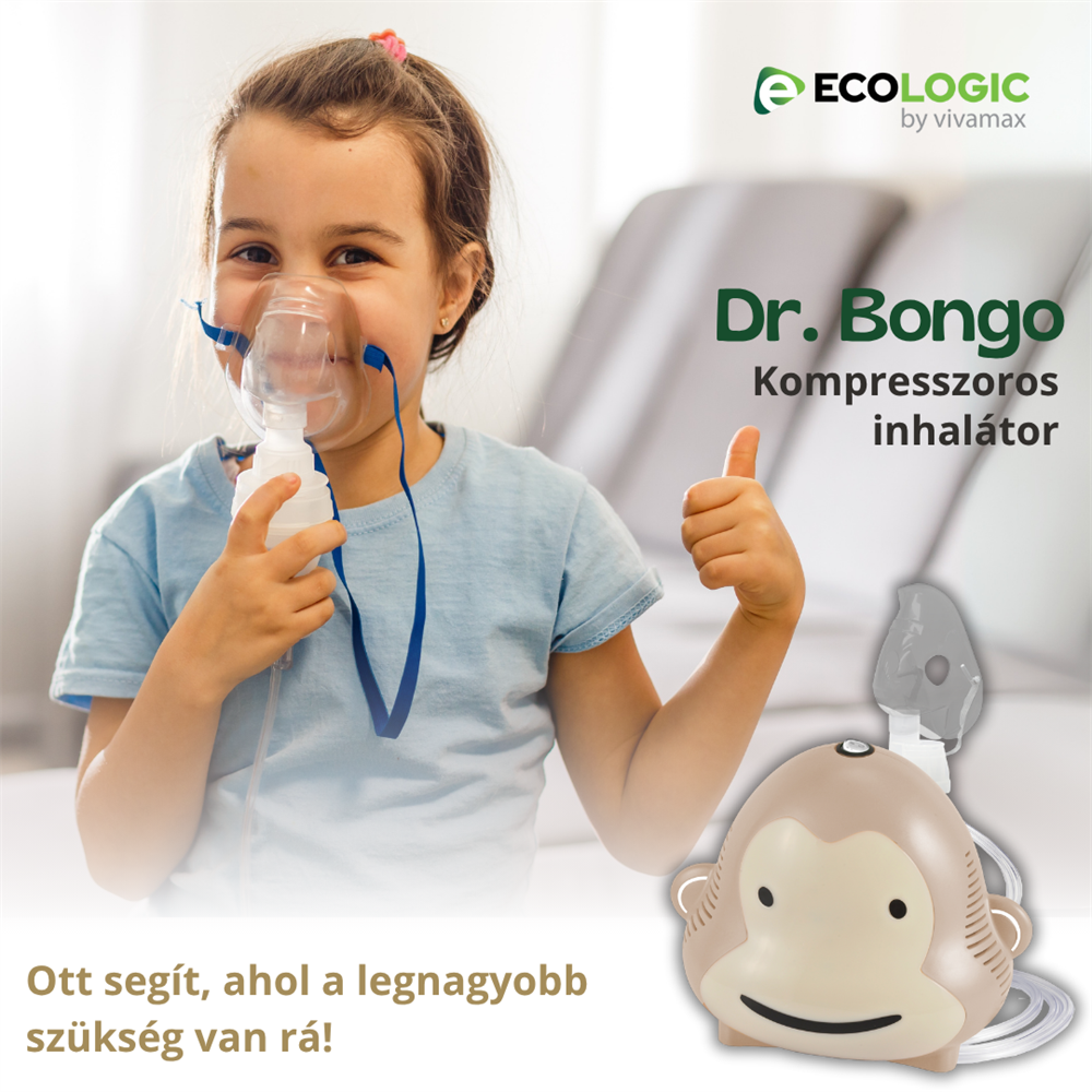 Egy kislány mosolyog inhalátort használva. Egy majom formájú inhalátor van mellette. A szöveg: 'Dr. Bongo' és 'Ecologic'.
