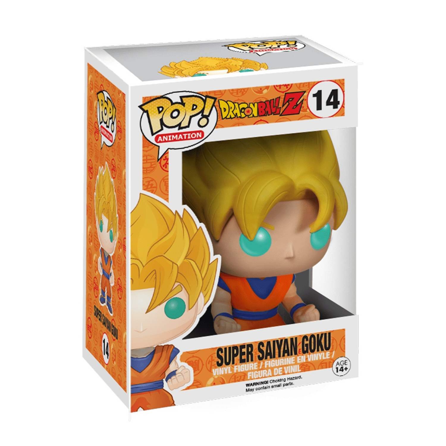 Una scatola Funko Pop con una figura di Super Saiyan Goku. La scatola è arancione e bianca, con la figura visibile attraverso una finestra trasparente.