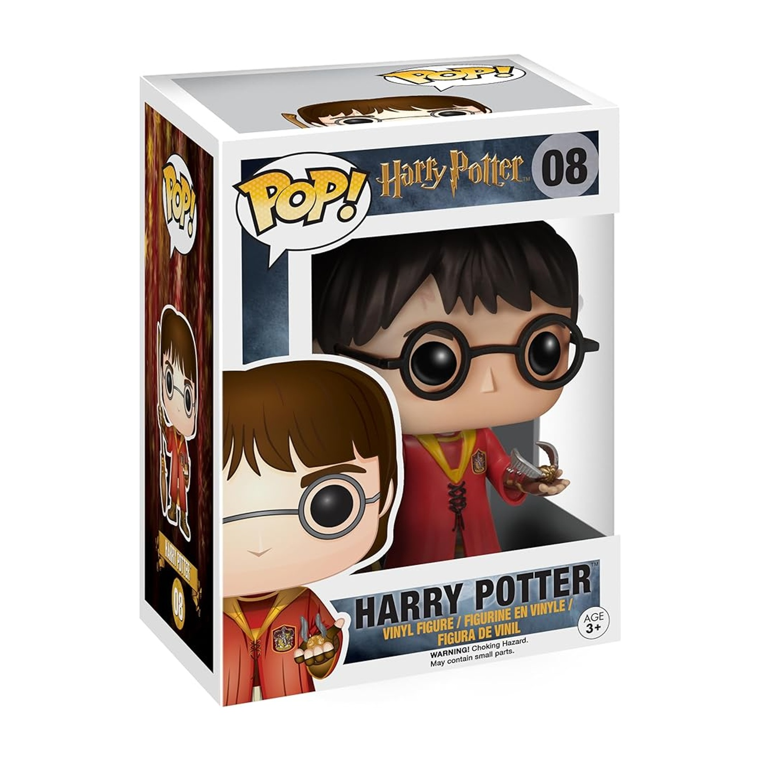 Figura Funko Pop di Harry Potter in scatola. La figura indossa una veste rossa e tiene in mano un boccino d'oro. La scatola ha il marchio Harry Potter.