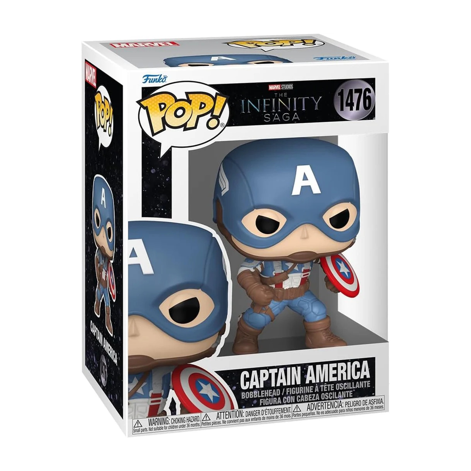 Figura Funko Pop di Captain America in una scatola. La figura è blu e bianca, con uno scudo. La scatola presenta loghi Marvel e Funko.