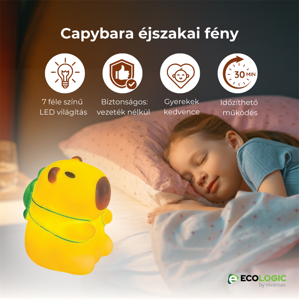 Egy kislány alszik egy sárga capybara éjszakai fény mellett. Magyar szöveg a termék jellemzőit írja le.