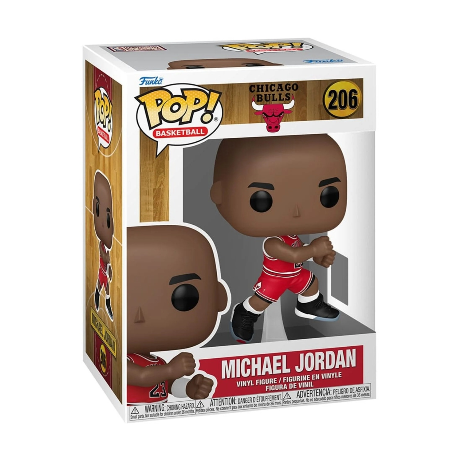 Una figura di Michael Jordan Funko Pop in una scatola. La figura indossa una maglia rossa dei Bulls e scarpe nere. La scatola ha loghi e testo.