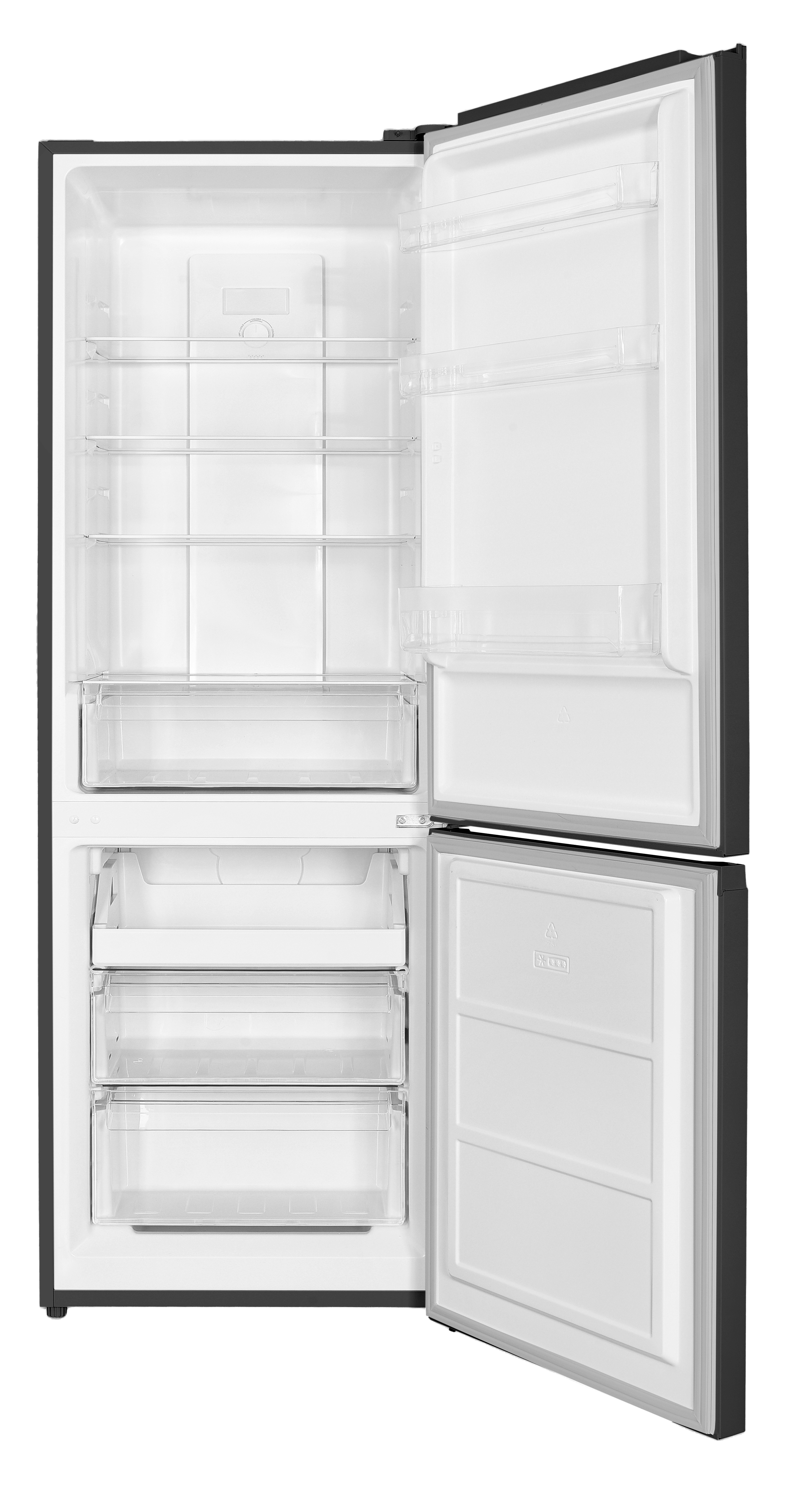 Offener Kühlschrank, schwarzer Rahmen, weißer Innenraum. Regale, Schubladen sichtbar. Gefriertür offen. Leer, sauber und bereit zur Lebensmittellagerung.
