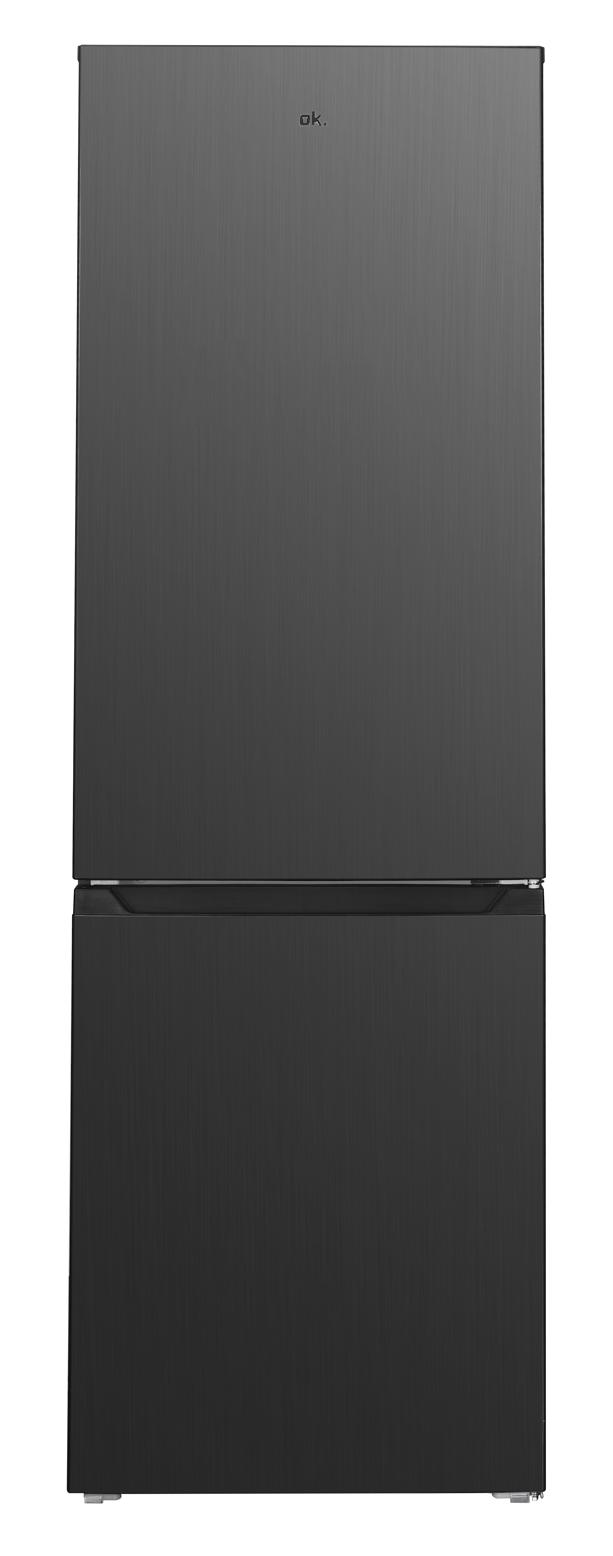 Ein schwarzer Kühlschrank mit zwei Türen. Die obere Tür hat das ok. Logo. Die Türen haben eine gebürstete Metallstruktur.