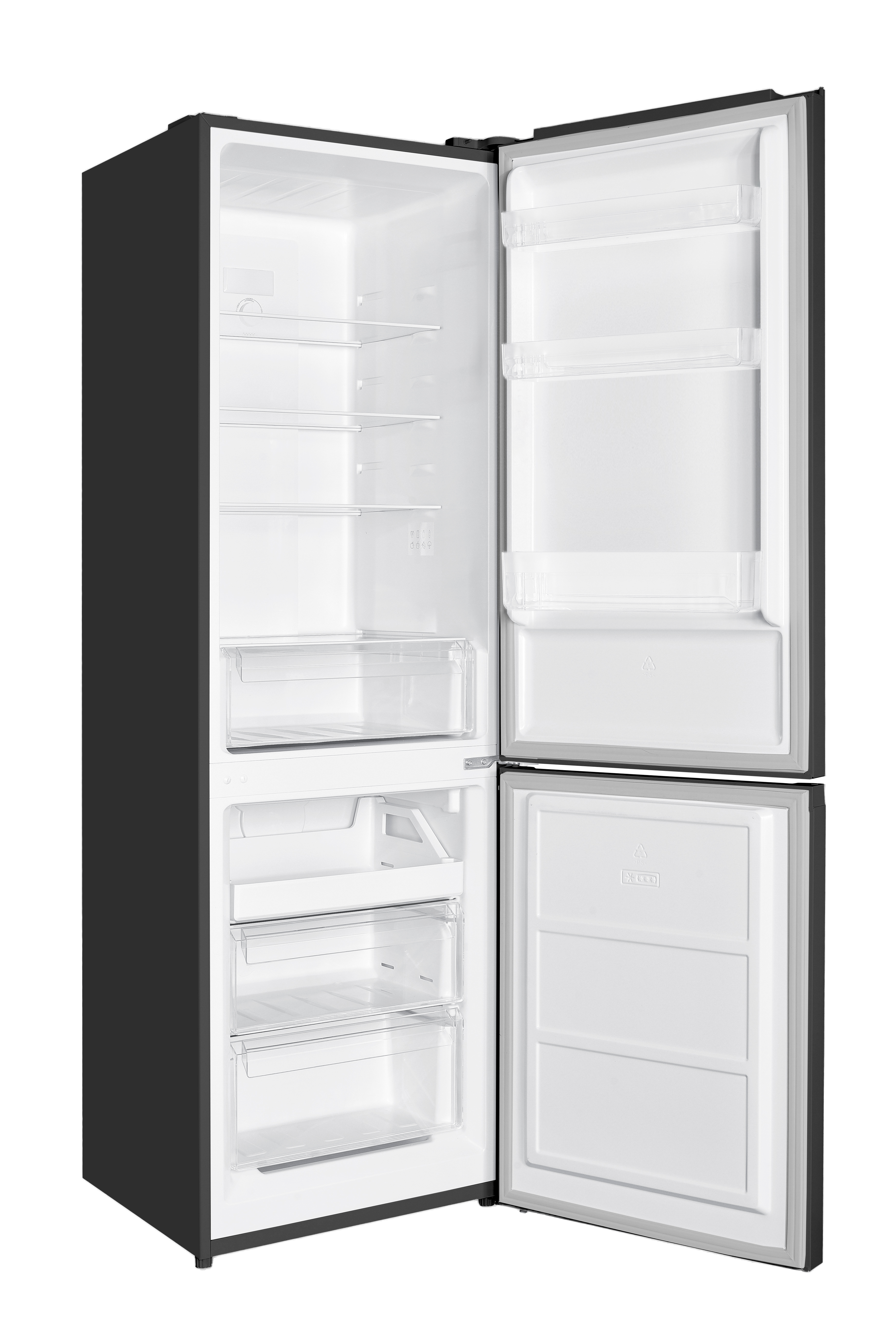 Offener Kühlschrank, schwarze Außenseite, weißes Innere. Regale und Schubladen sind sichtbar. Türen sind offen.