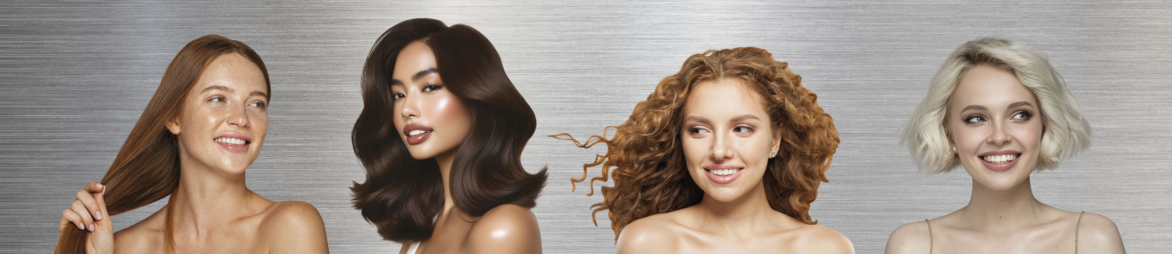 Four women with different hair colors smiling, on a silver background. From left to right: red, brown, red, and blonde hair.