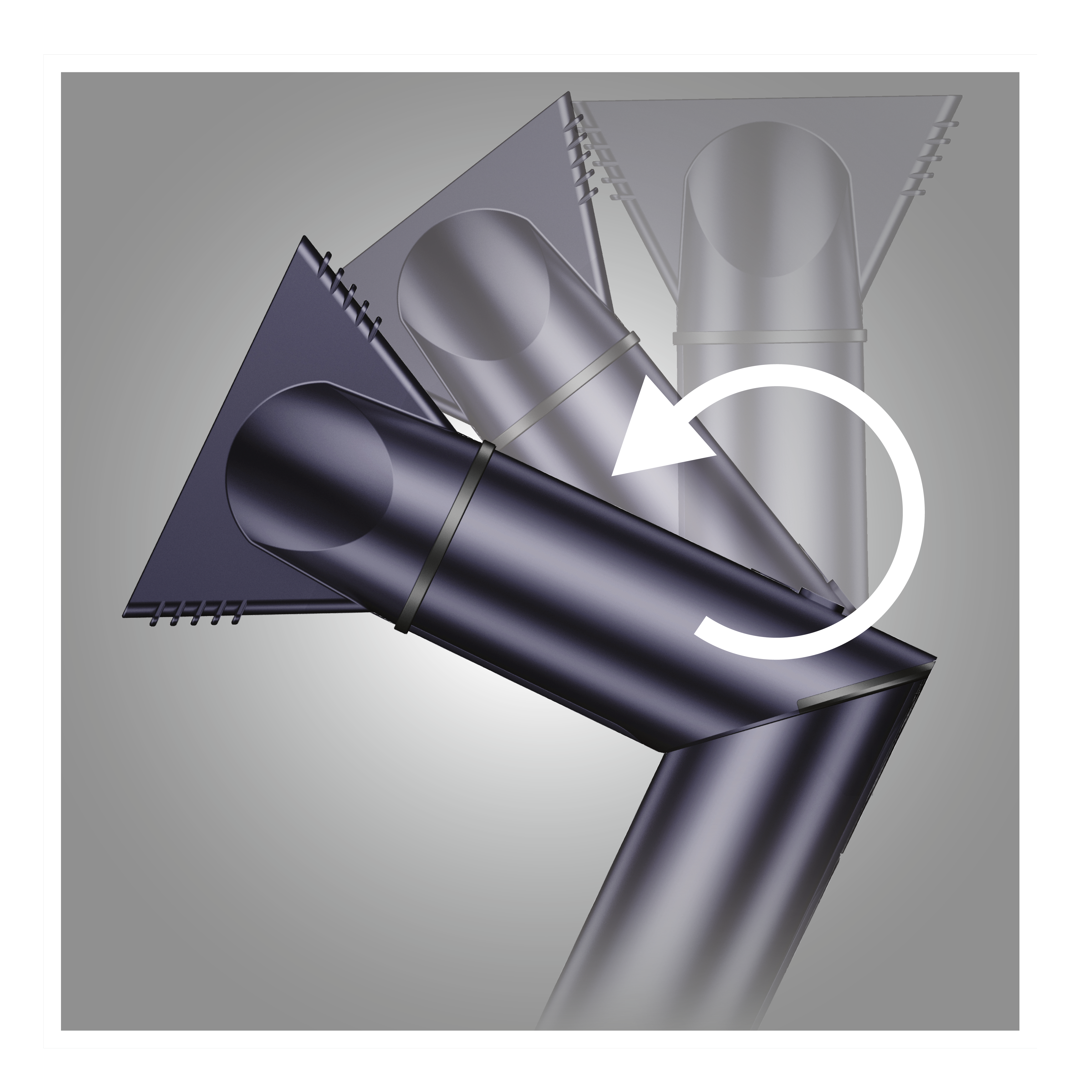 Abstrakcyjny obraz z ciemnym metalowym obiektem o zakrzywionym kształcie, obrót wskazywany białą strzałką.