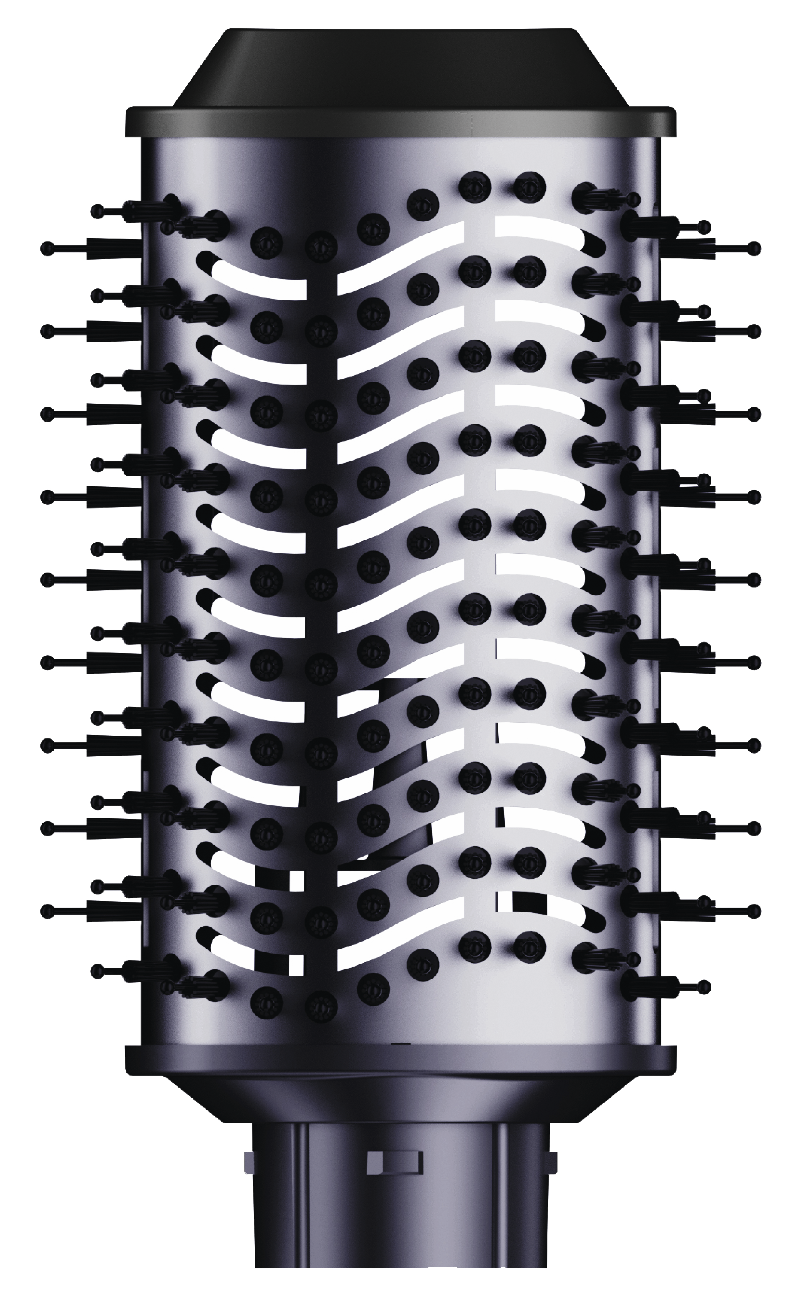 Zbliżenie nasadki do suszarki do włosów. Jest srebrna i czarna, o cylindrycznym kształcie i wielu czarnych włoskach.