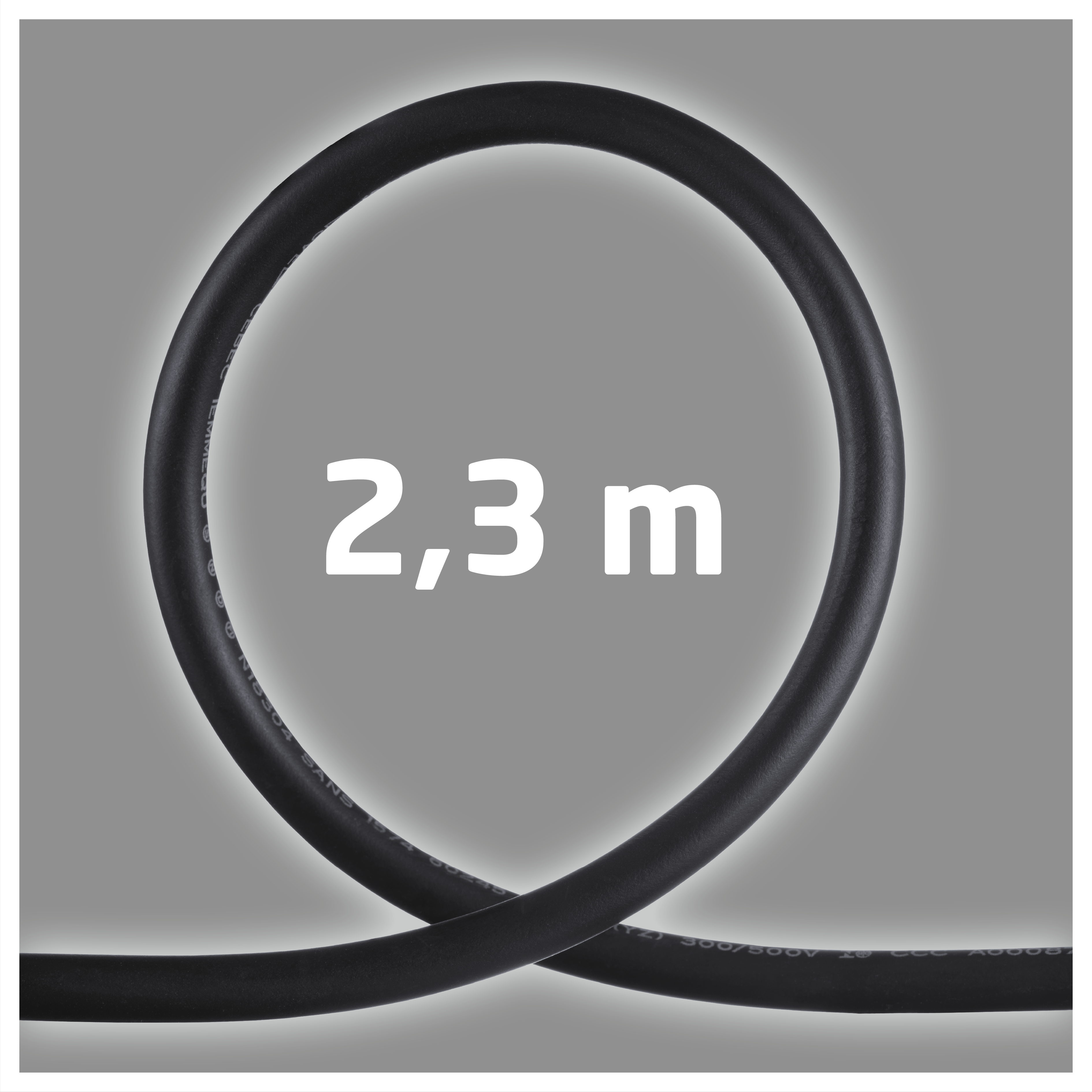 Czarny kabel w kształcie okręgu z napisem '2,3 m' pośrodku na szarym tle.