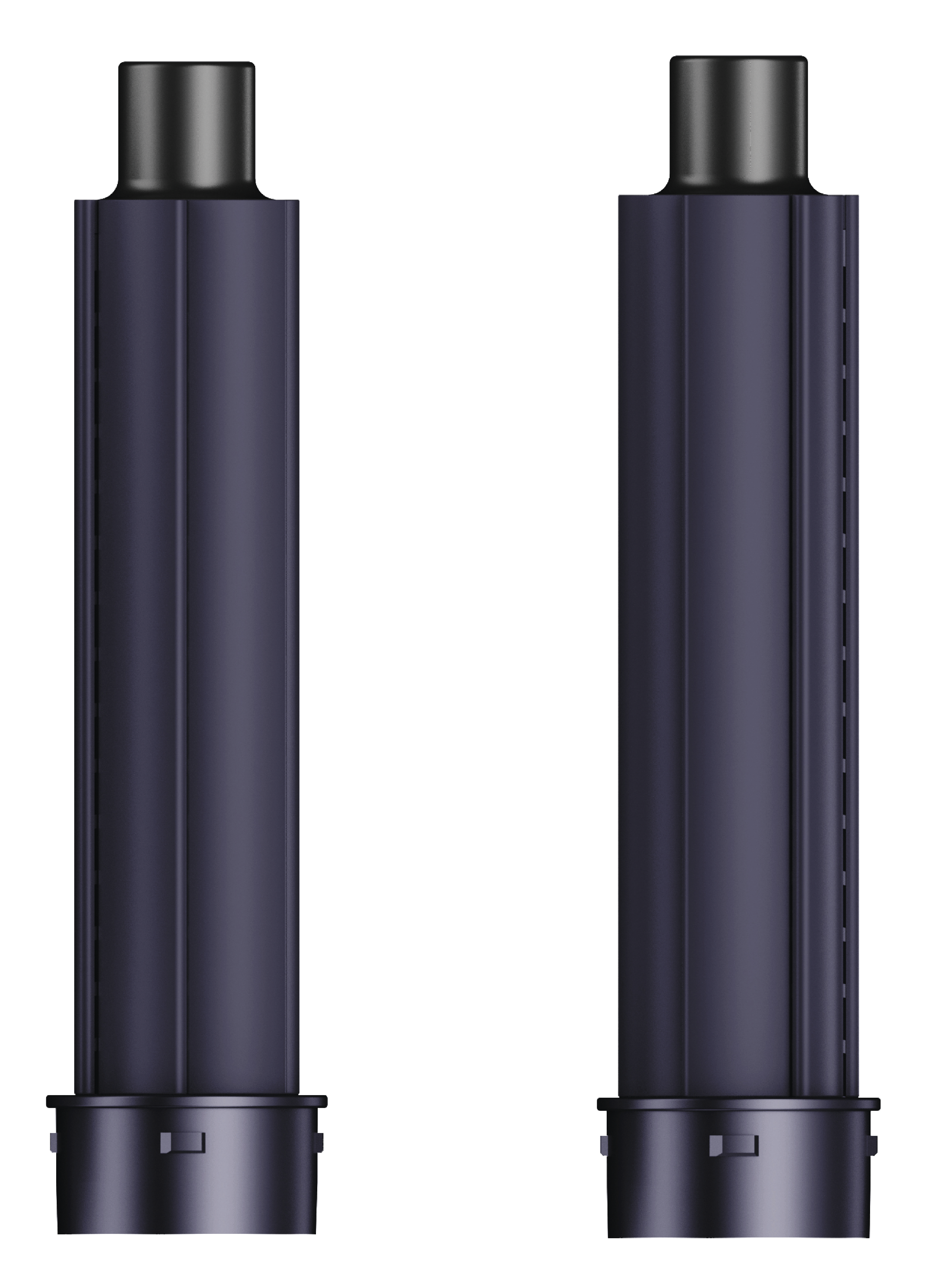 Dwa ciemnoniebieskie cylindryczne obiekty z czarnymi górnymi i dolnymi częściami na białym tle. Jeden ma kropkowaną stronę.
