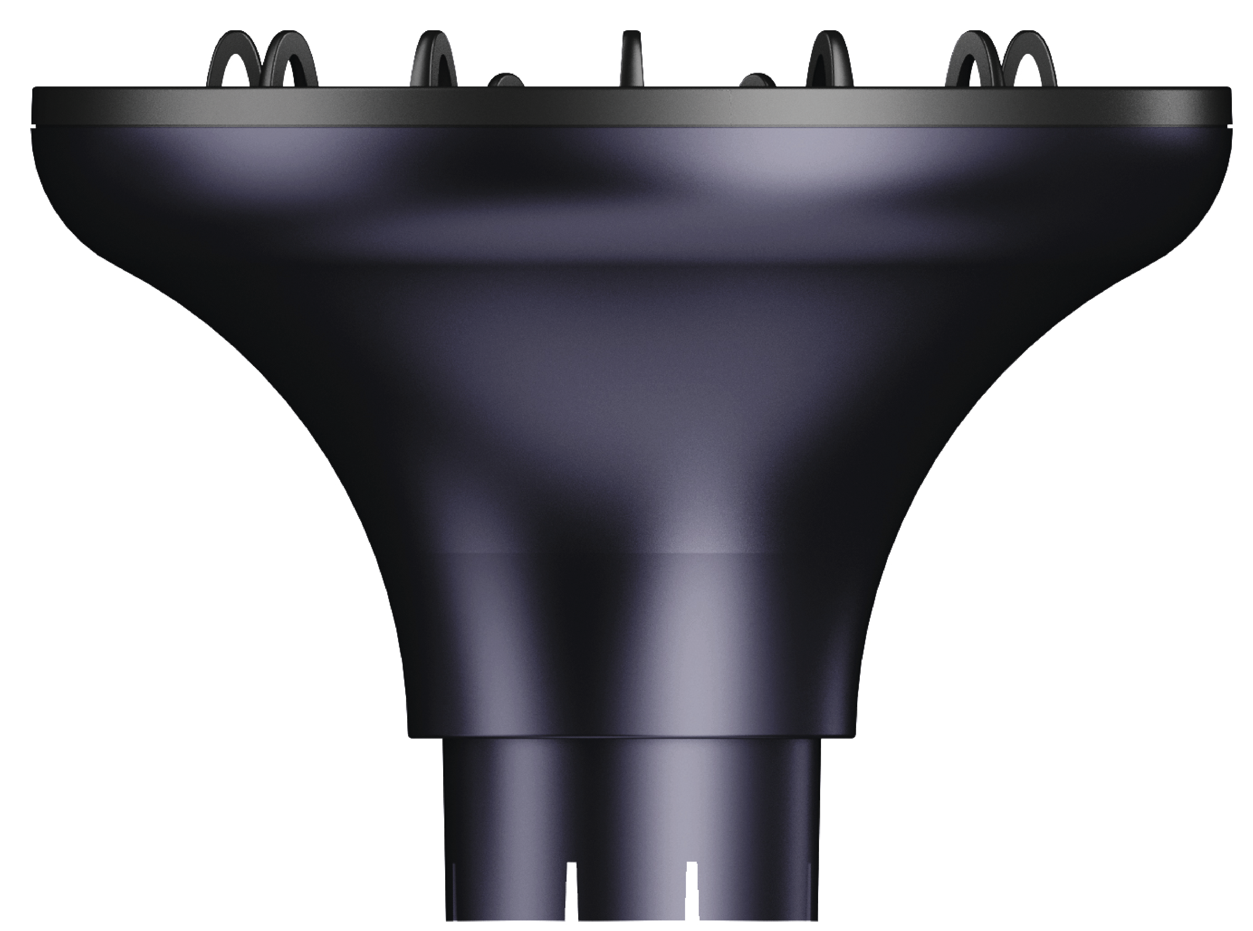 Czarny dyfuzor do suszarki. Ma szeroki, rowkowany korpus i kilka pętlowatych zębów na górze.