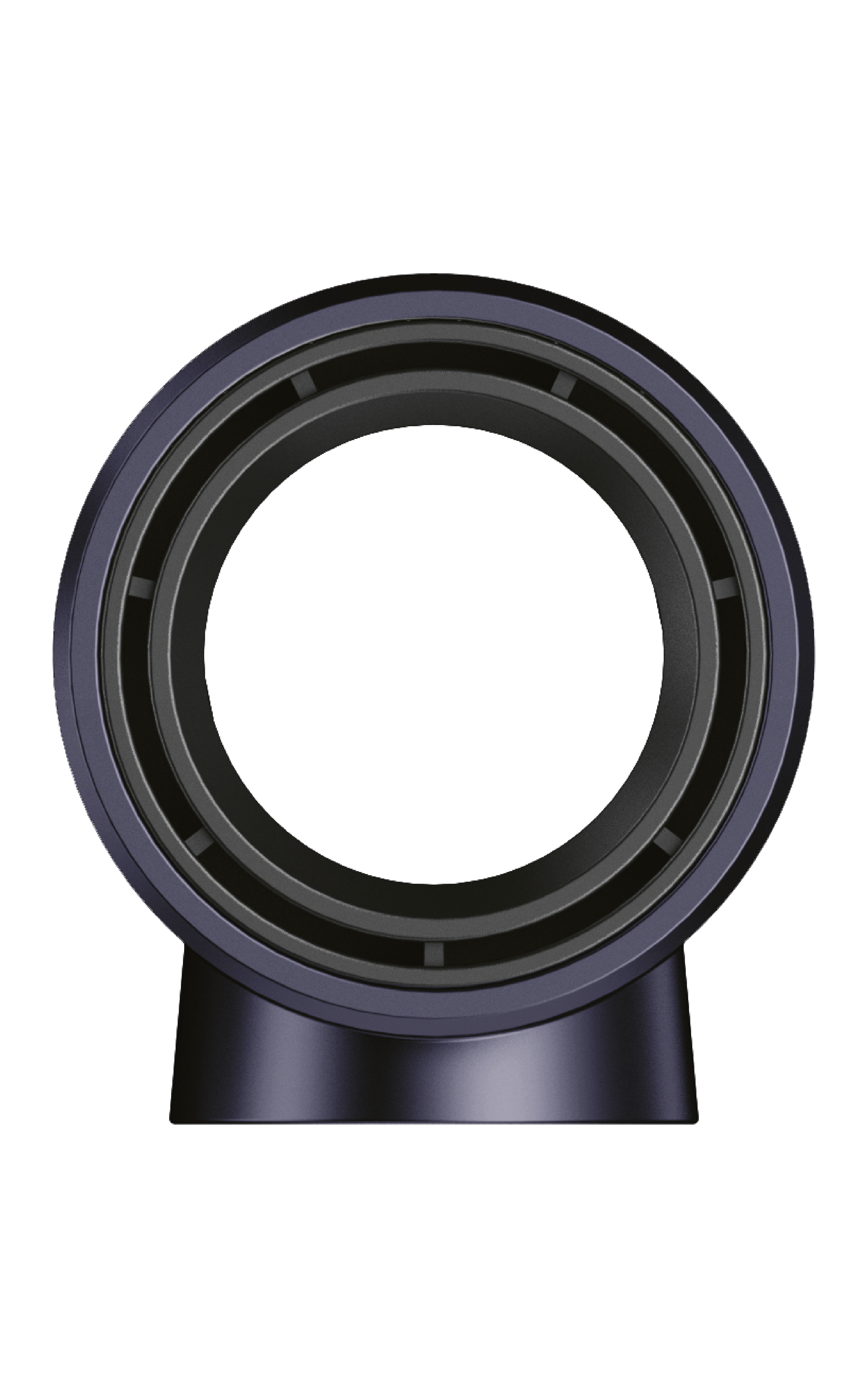 Ciemnoniebieski wentylator bezłopatkowy o okrągłym kształcie, z podstawą i centralnym otwartym obszarem. Białe tło.