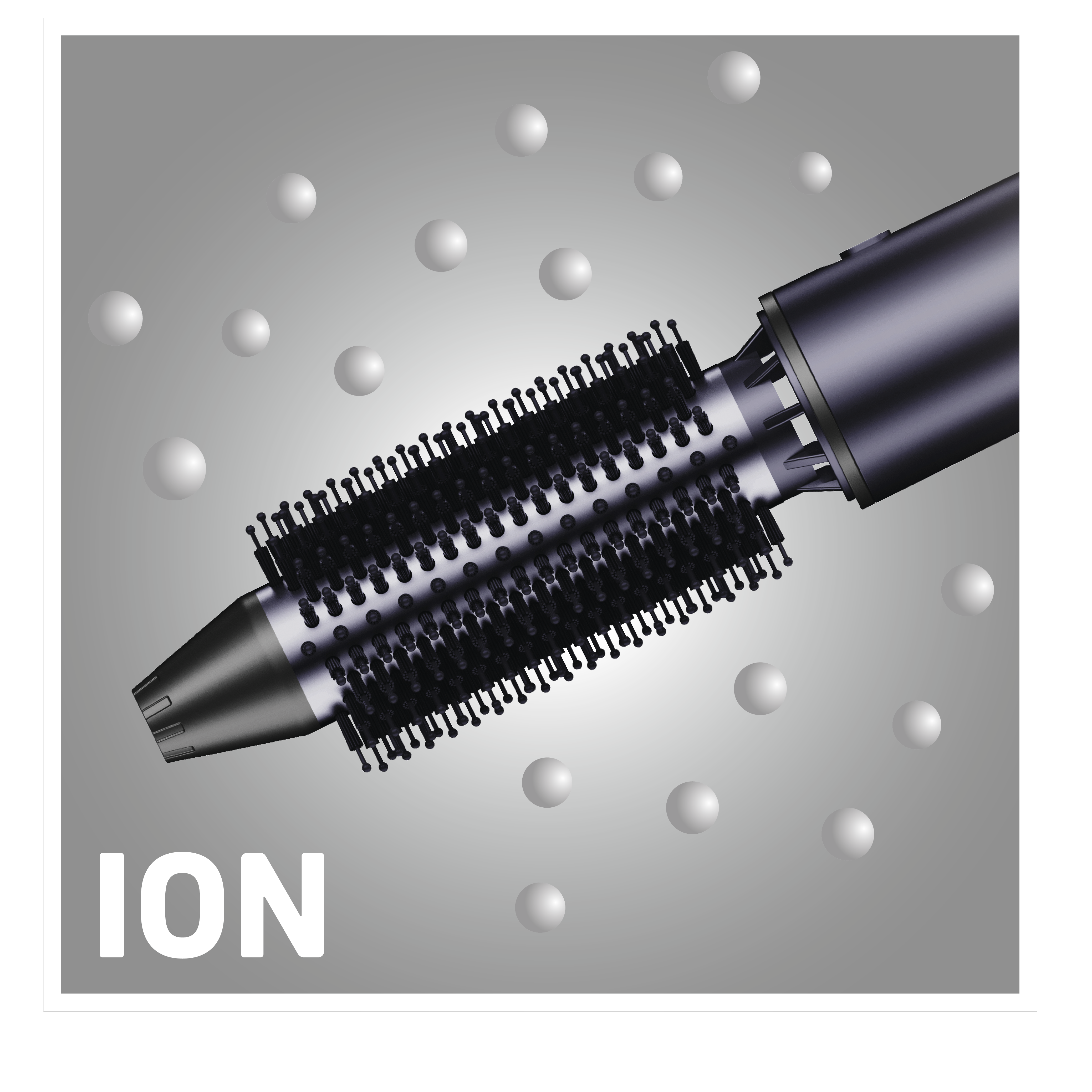 Pokazano szczotkę do włosów z jonami. Szczotka jest czarna i srebrna, z białymi kulami w tle. Widoczne jest słowo ION.