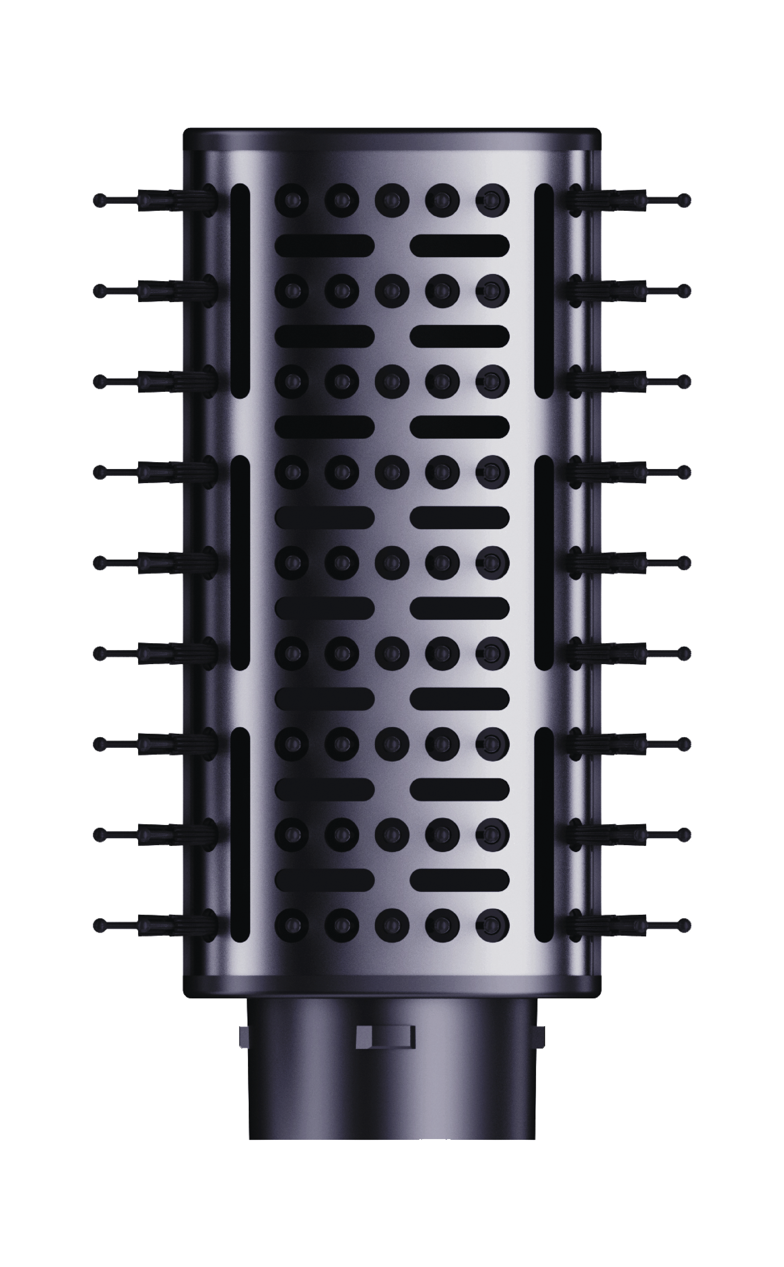 Metalowe narzędzie do stylizacji włosów z cylindrycznym korpusem i wystającymi czarnymi elementami.