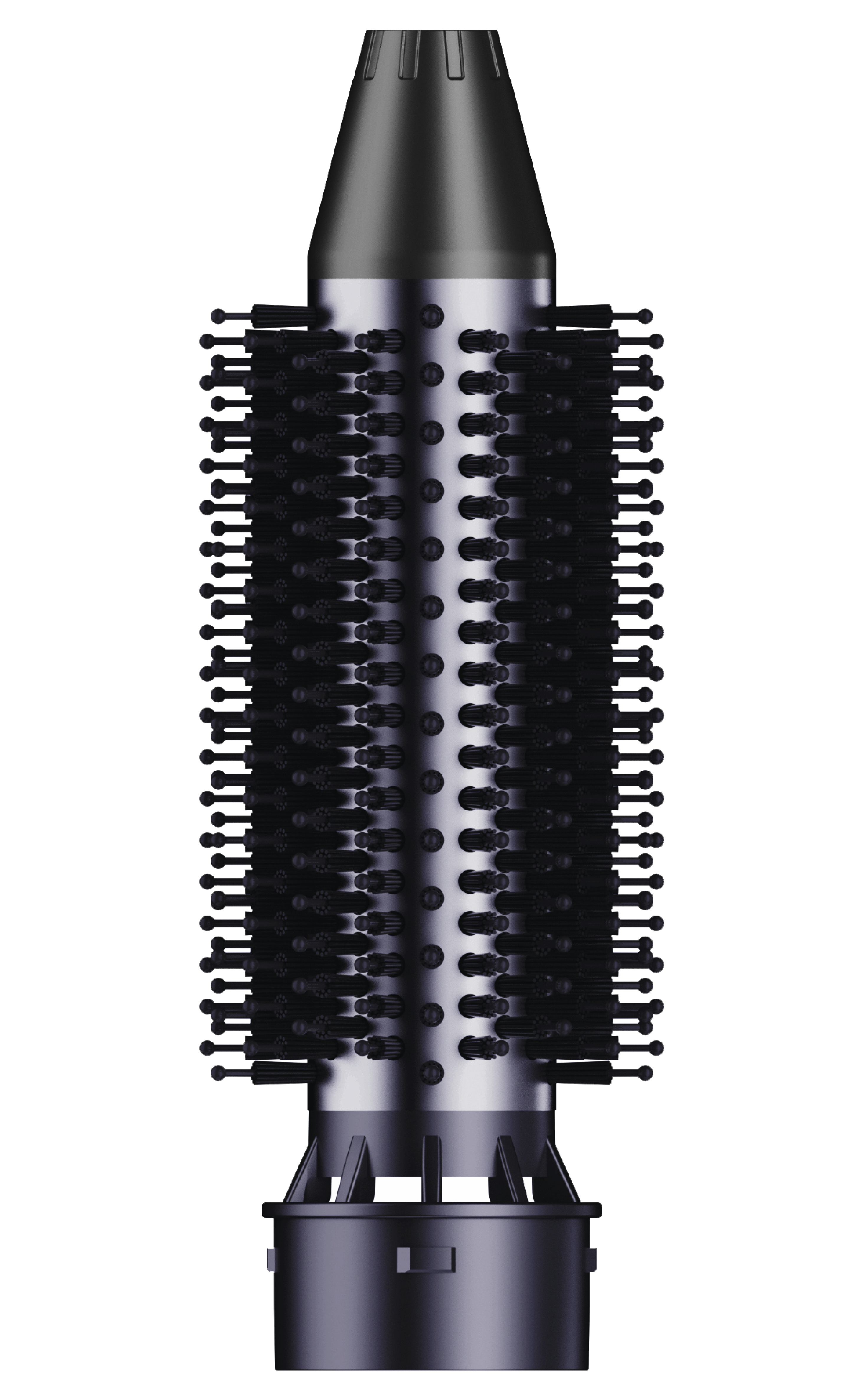 Czarna szczotka do stylizacji włosów z włosiem wokół cylindrycznego korpusu i stożkowym wierzchołkiem.