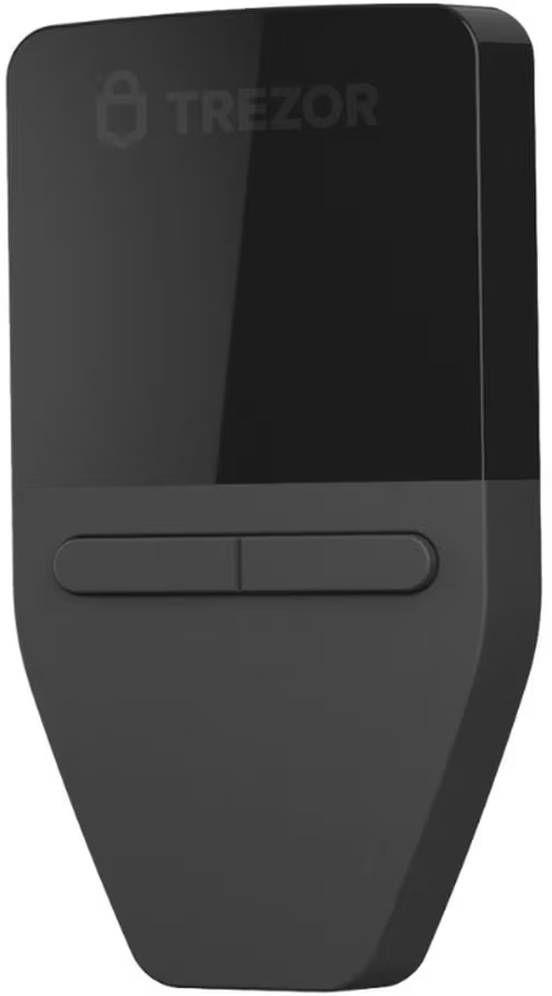Un portefeuille matériel Trezor noir. Il a deux boutons en bas. Le logo Trezor est en haut.