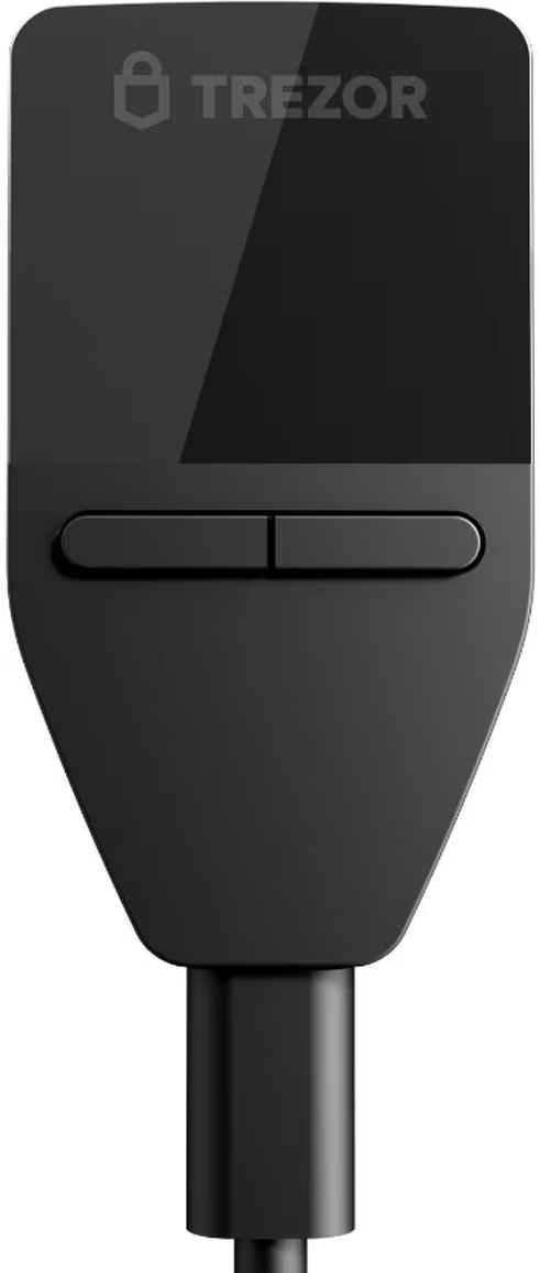 Portefeuille matériel Trezor noir avec écran et boutons. Un câble USB est connecté en bas. Le logo Trezor est visible.