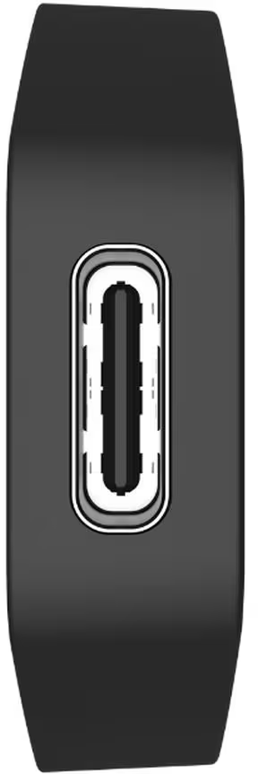 Un appareil noir vertical avec un port central allongé à bord blanc. Le port a un intérieur sombre et fendu.