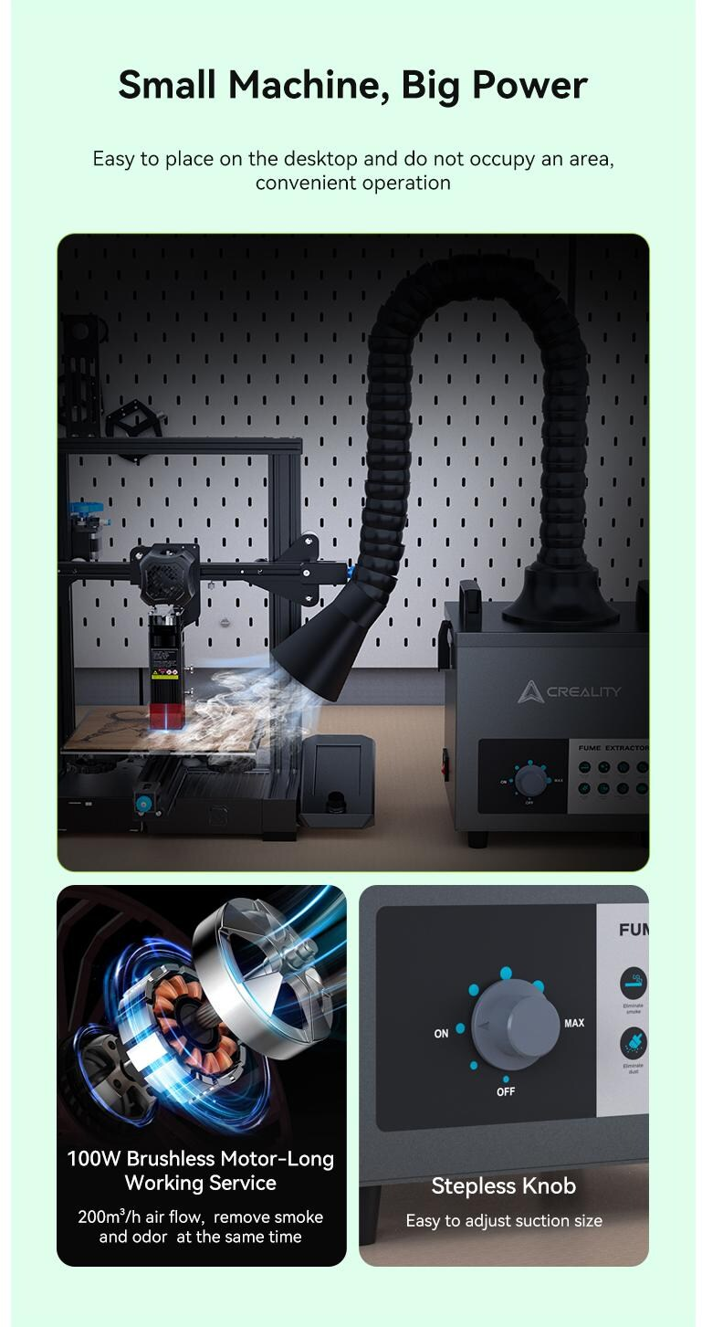 Ein 3D-Drucker mit Abgassystem, Motor und Bedienfeld. Die Funktionen und die Benutzerfreundlichkeit werden hervorgehoben.