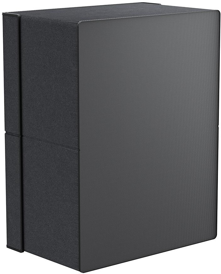 Une boîte gris foncé avec une surface texturée, peut-être pour le stockage ou l'emballage. La boîte a un design épuré et moderne.
