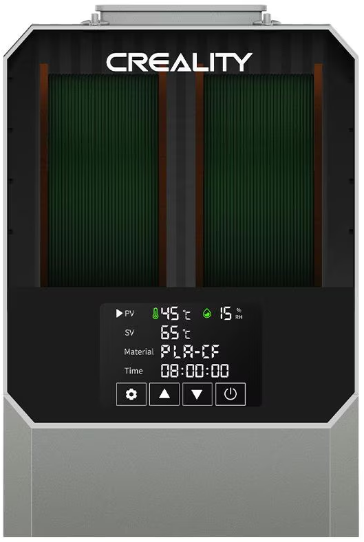 Imprimante 3D Creality avec panneaux verts, écran affichant température, humidité, matériau et heure. Gris et noir.