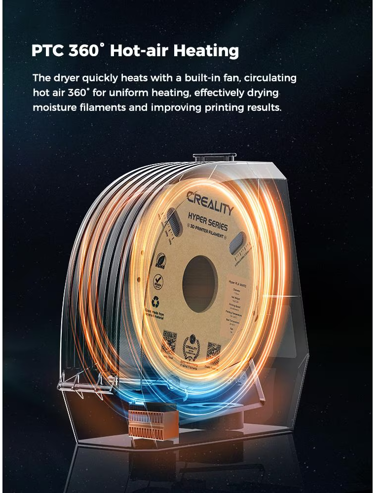 Une bobine de filament d'imprimante 3D à l'intérieur d'un séchoir transparent avec des effets de lumière orange et bleue, montrant le chauffage à air chaud.