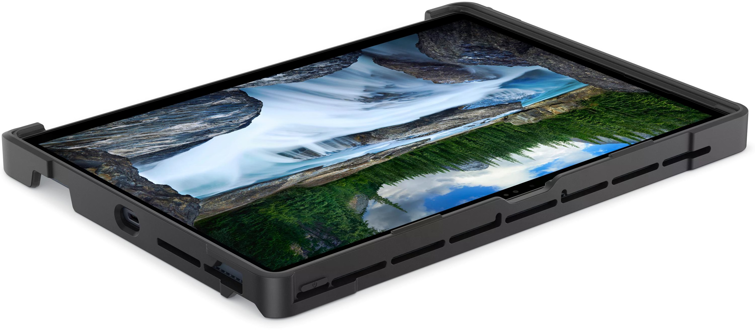 Tablette avec une image de cascade à l'écran, encadrée dans un étui de protection noir, vue en angle.