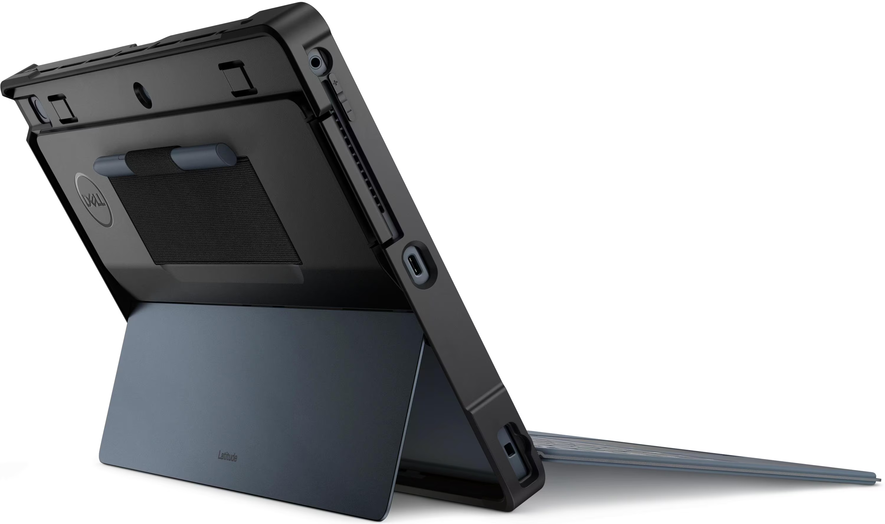 Un étui noir pour tablette Dell Latitude avec support intégré. La tablette est partiellement ouverte, affichant l'écran.