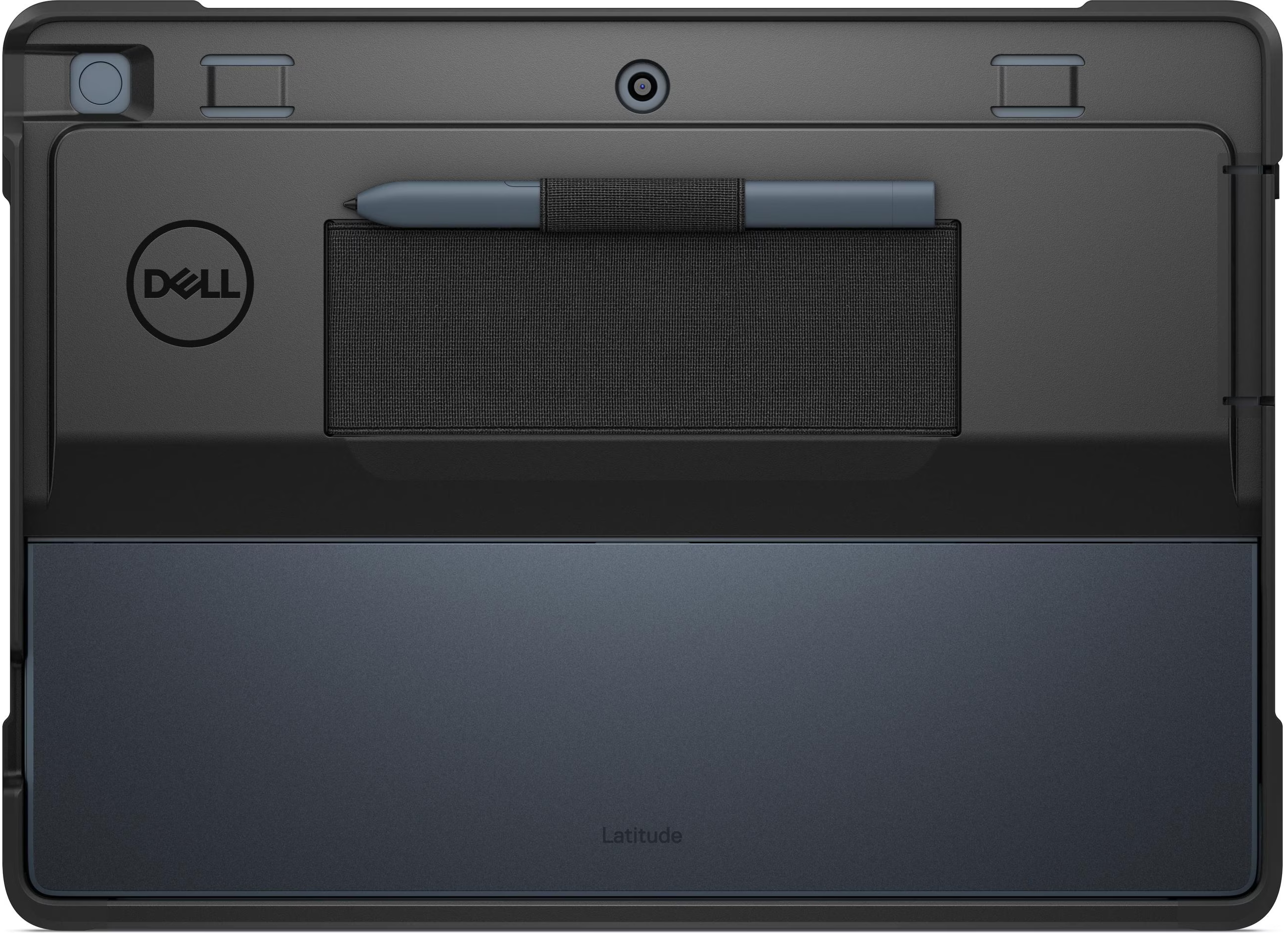 Une tablette noire avec un logo Dell, un stylet et le mot Latitude. Le haut a des boutons.