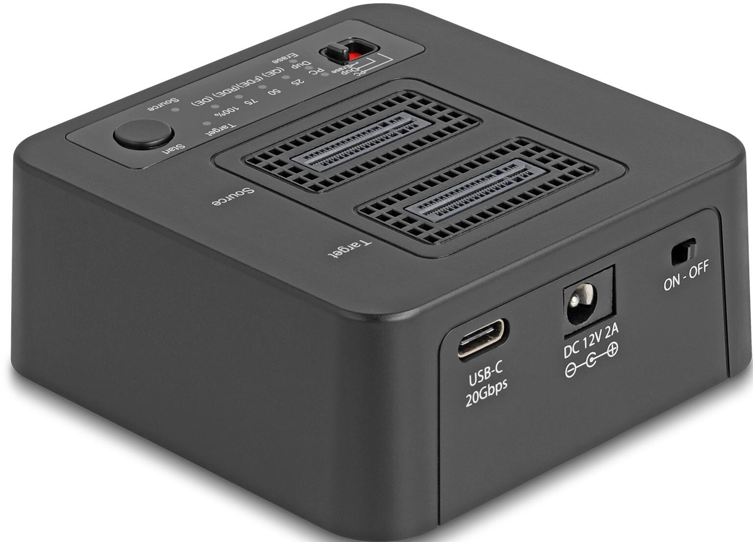 Schwarzes Gerät mit zwei Steckplätzen, Knöpfen und Anschlüssen. Beschriftet mit Text wie 'Source', 'Target', 'USB-C' und 'DC 12V 2A'.