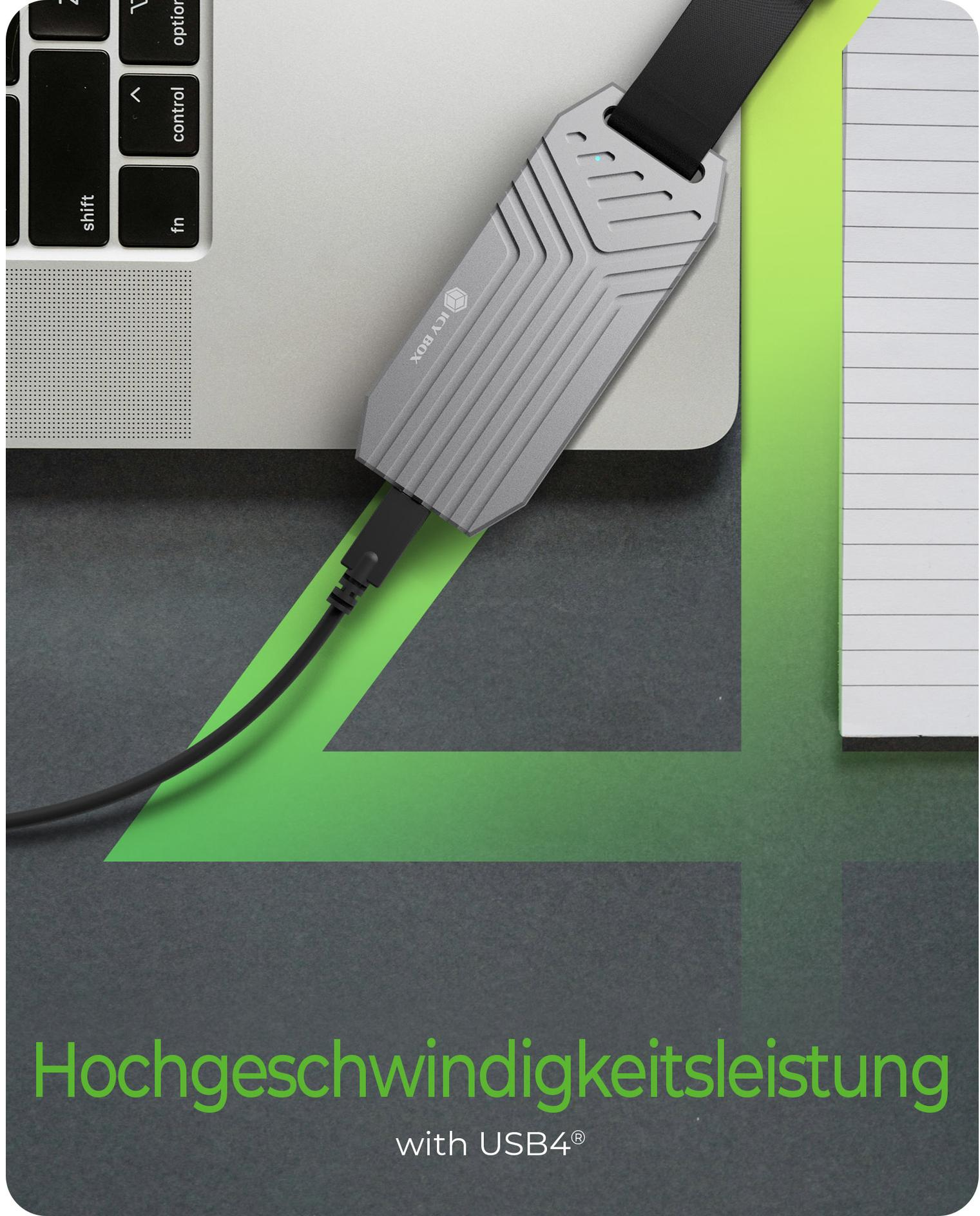 Un appareil argenté ICY BOX est connecté à un ordinateur portable avec un câble noir. Fond vert et gris, texte en vert.