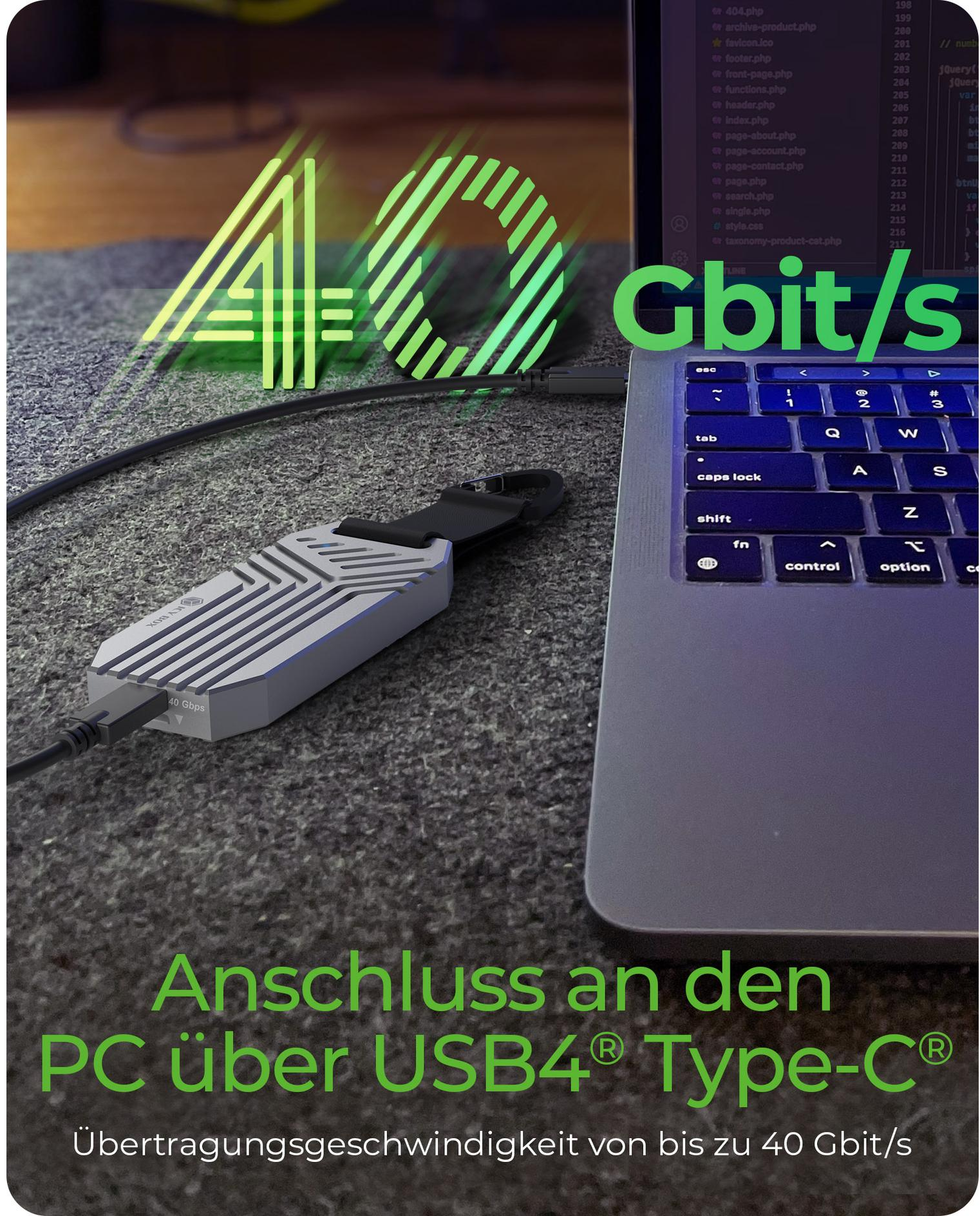 ICY BOX argenté, connecté à un ordinateur portable via un câble USB-C. Affiche '40 Gbit/s' avec texte: 'Connexion au PC via USB4 Type-C'.