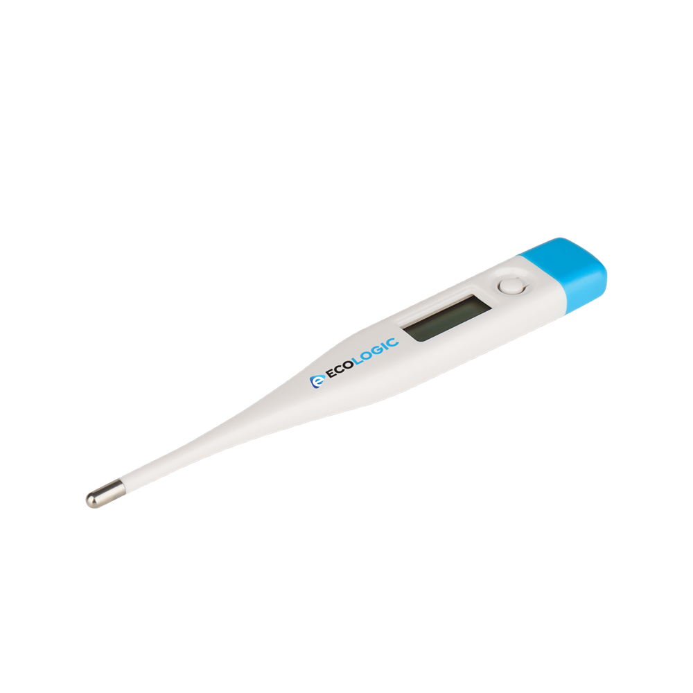 Fehér és kék digitális hőmérő fekete háttérrel. A hőmérőn van egy képernyő és egy gomb. A márka az Ecologic.