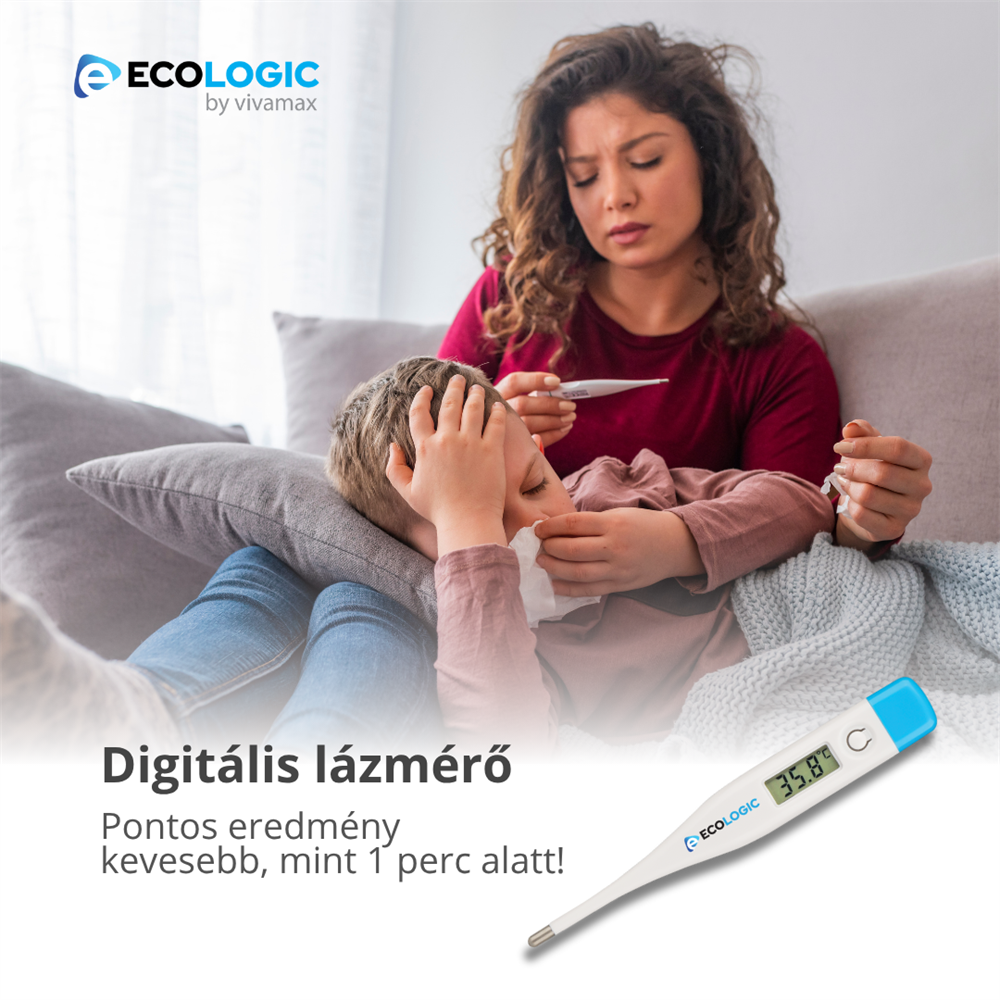 Egy nő hőmérővel méri egy gyermek testhőmérsékletét. A gyermek a kanapén fekszik, a hőmérő 35,8 fokot mutat.