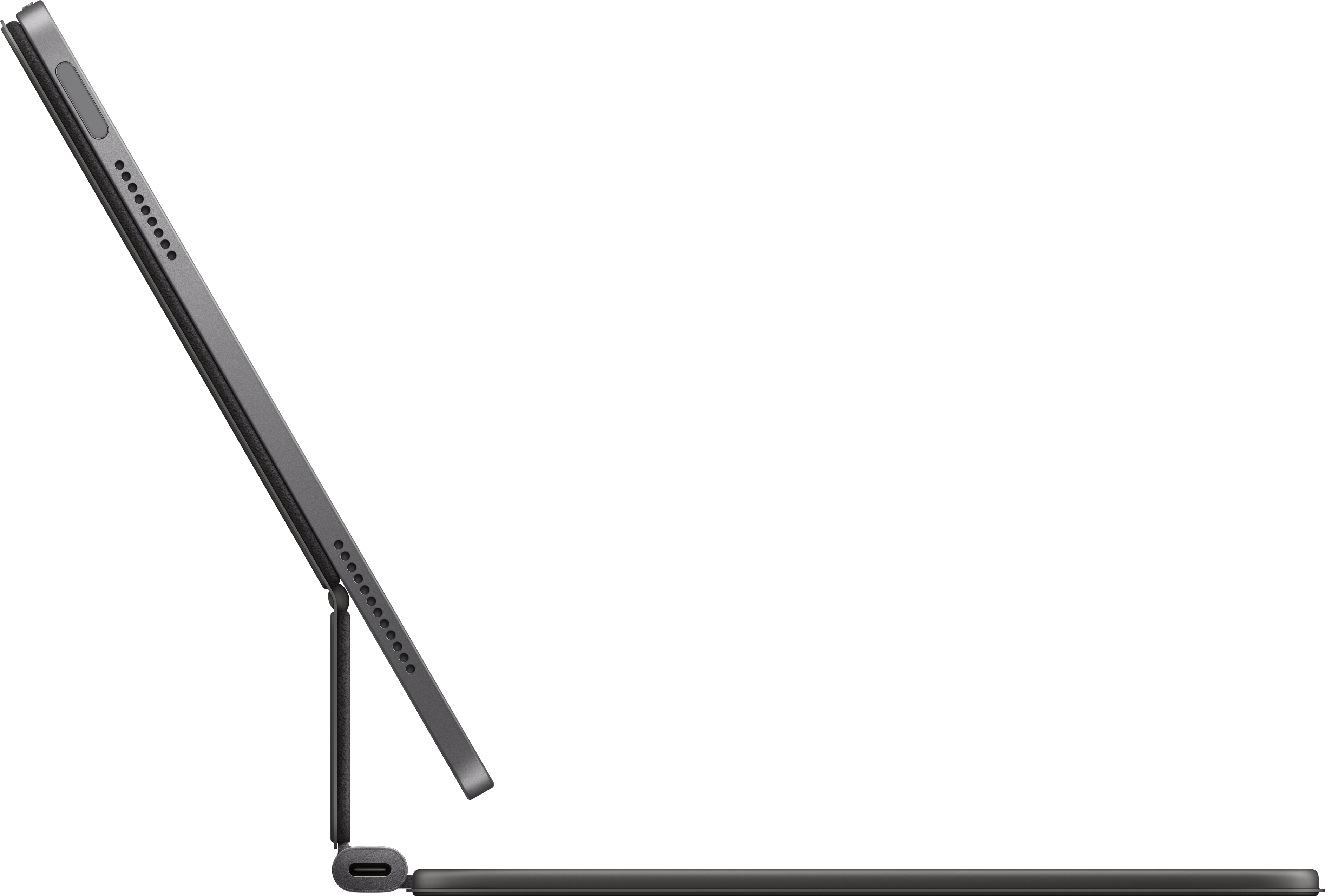 Une tablette grise est soutenue par un support. La tablette a un clavier et un port USB-C.