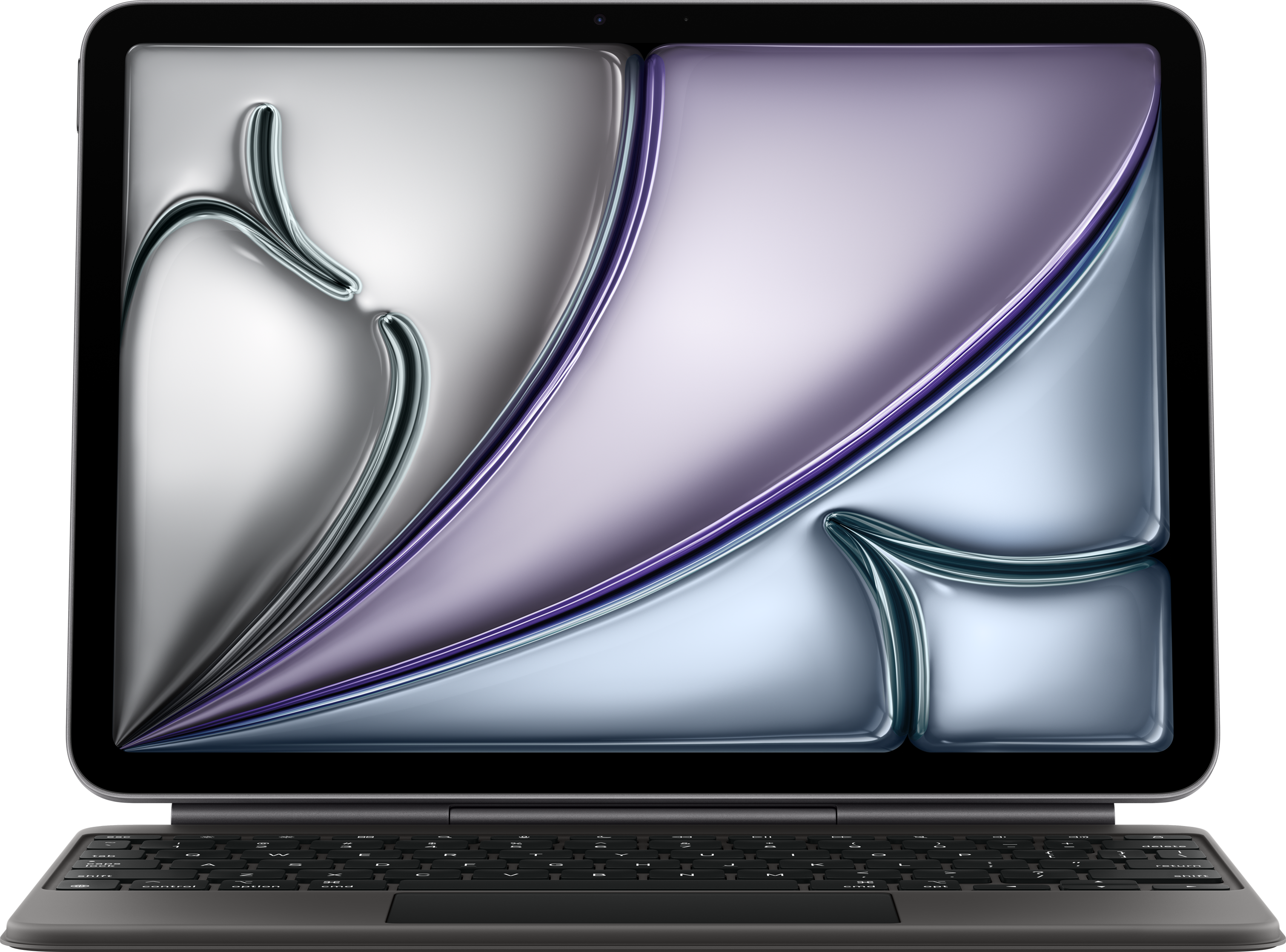 Laptop con tastiera. Lo schermo mostra un design metallico con forme curve argento, viola e blu.