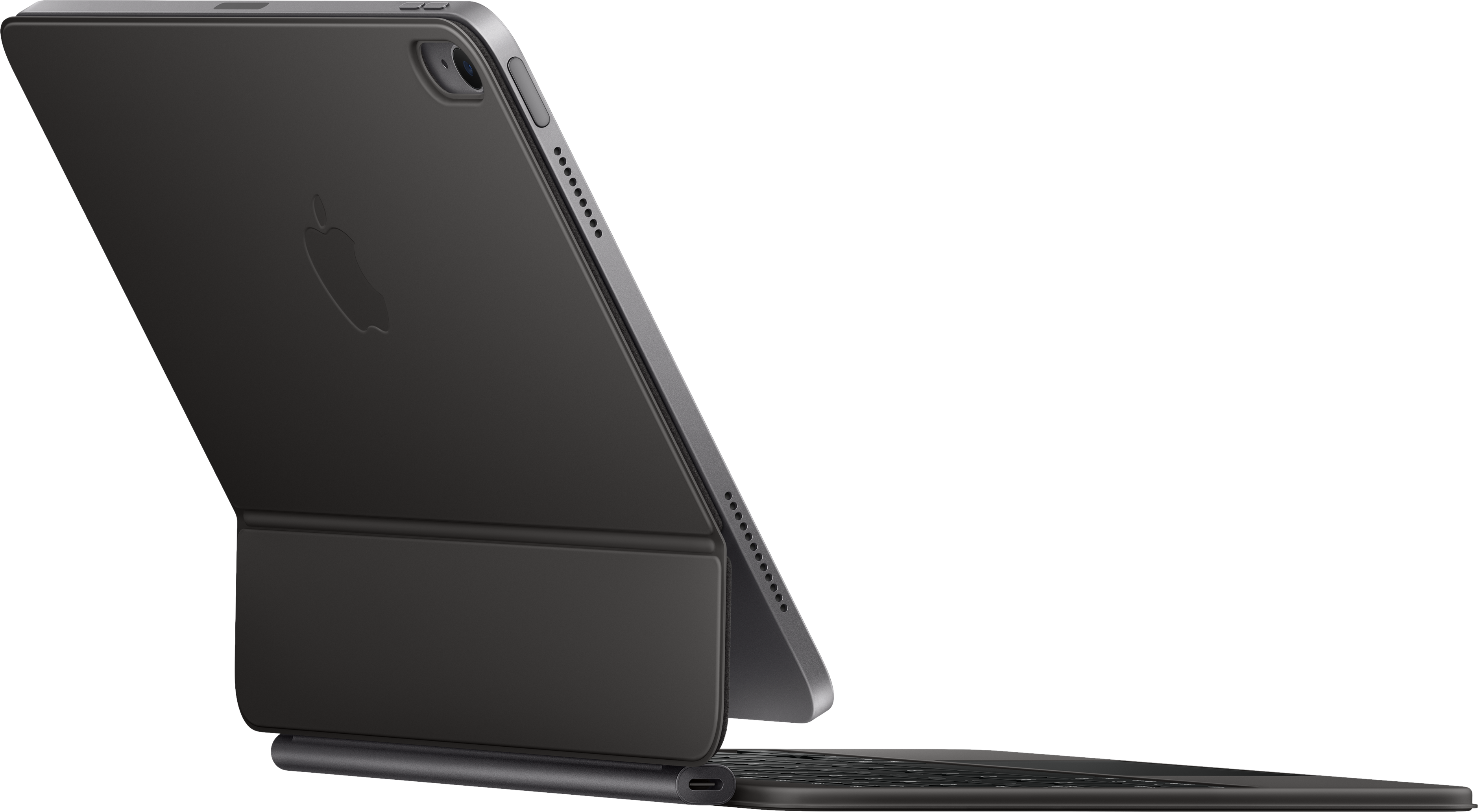 Un iPad Apple nero con custodia per tastiera, angolato. Il logo Apple è visibile sul retro. La tastiera è nera.