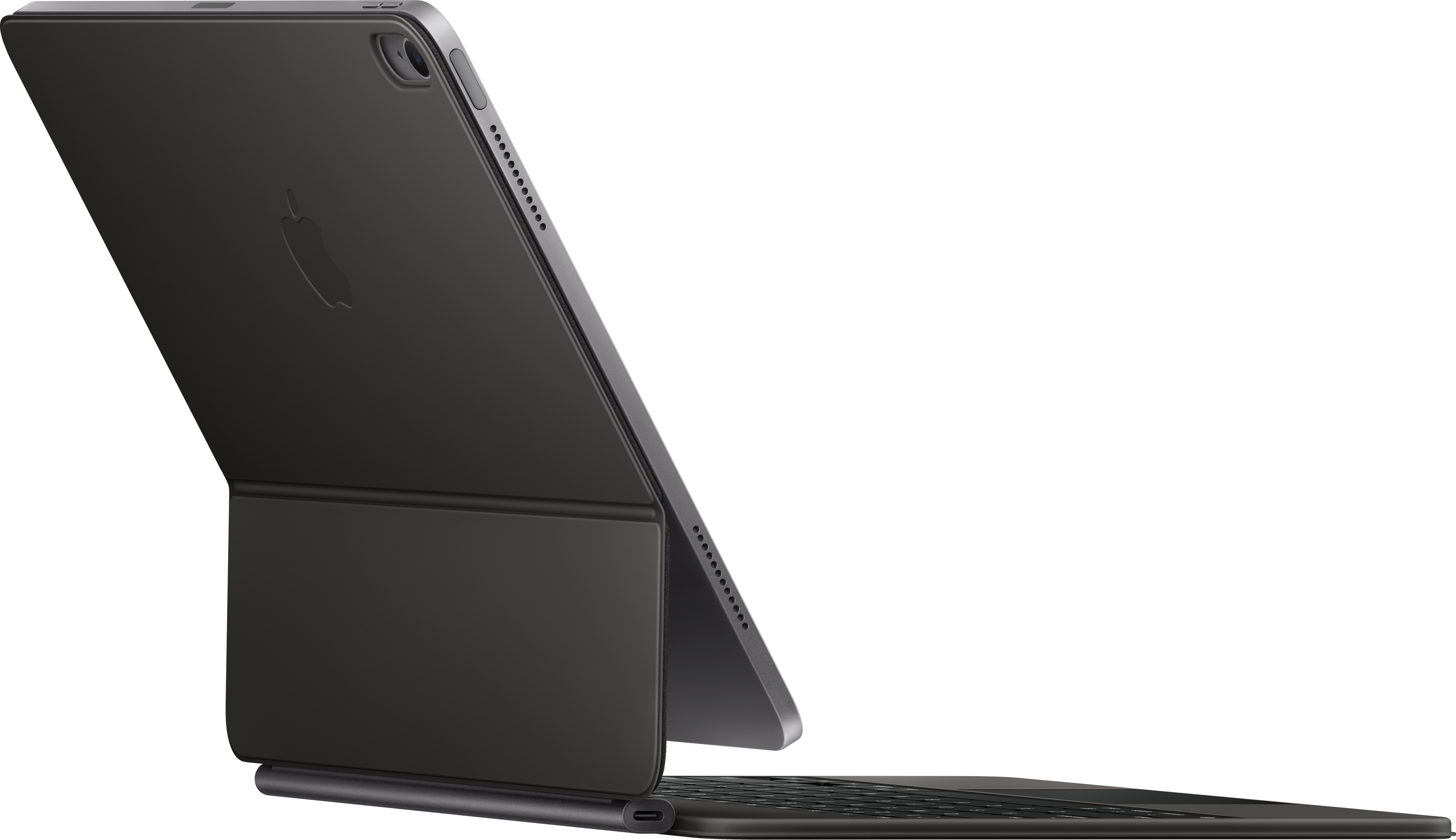 Un iPad Pro d'Apple avec un étui clavier noir. L'iPad est ouvert en angle, montrant l'écran et le clavier.