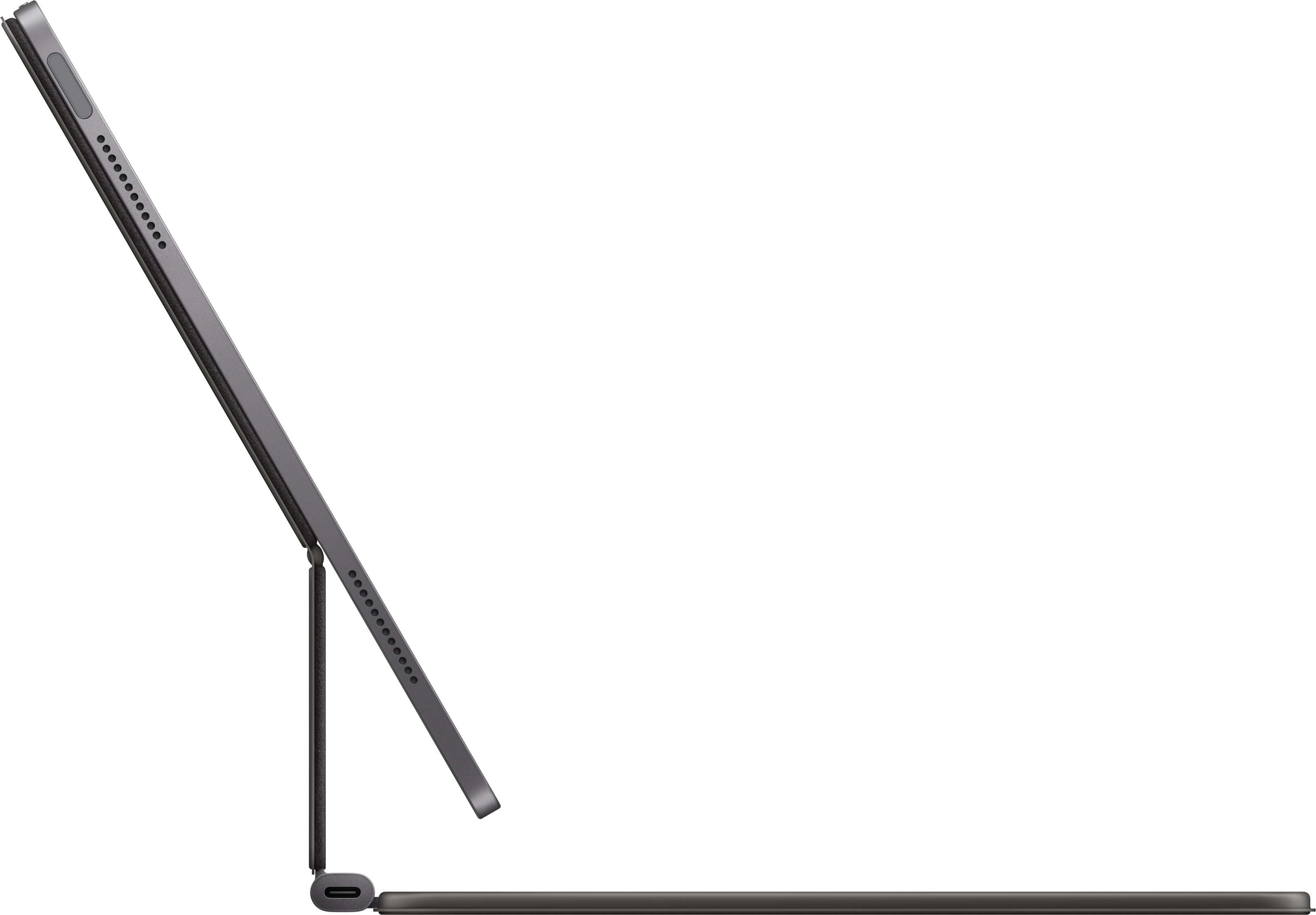 Un tablet grigio con supporto nero, angolato su sfondo bianco.