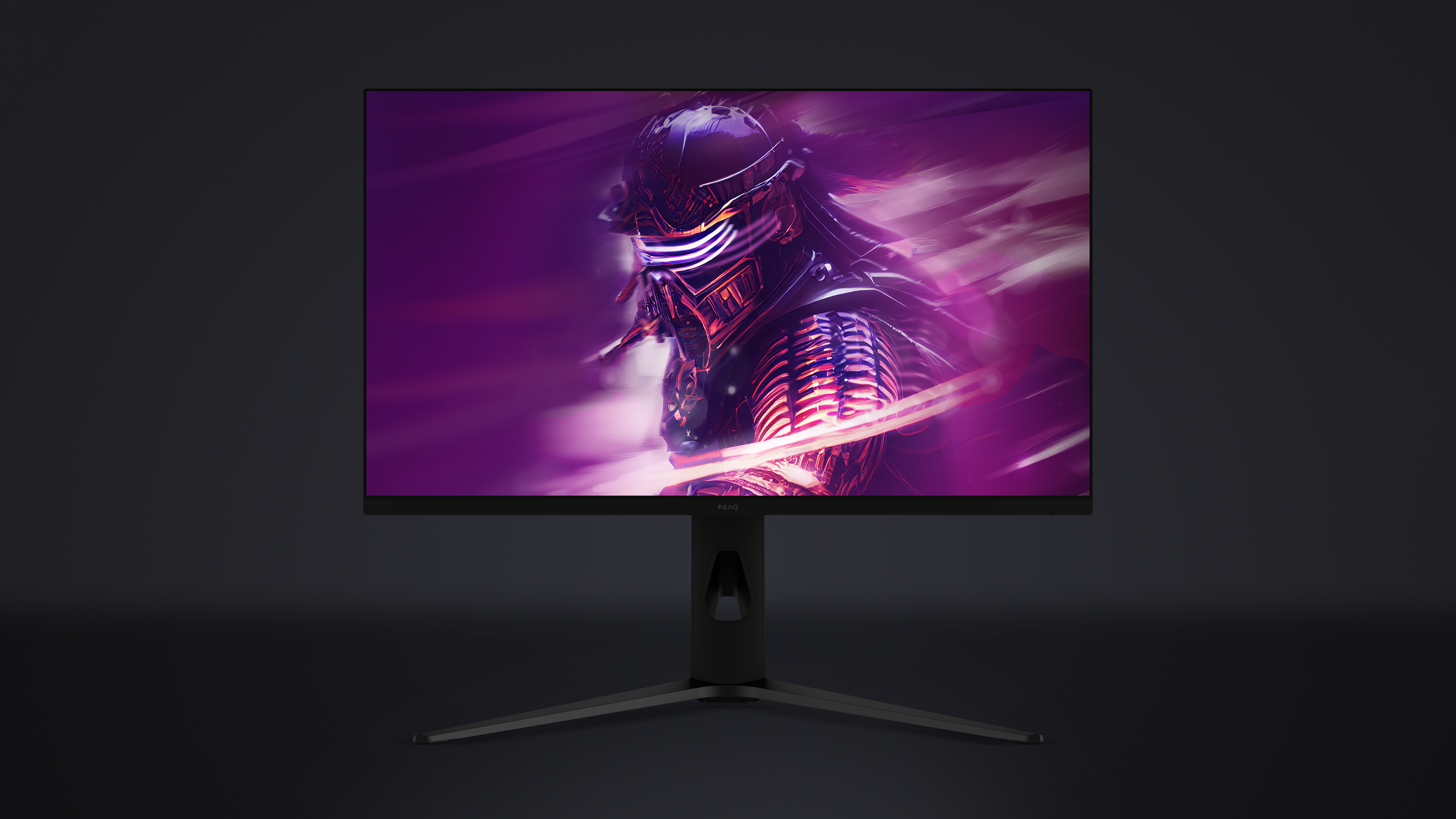 Monitor, der ein Kunstwerk eines Cyborgs in Lila- und Rottönen zeigt. Der Monitor steht auf einem schwarzen Ständer vor einem dunklen Hintergrund.
