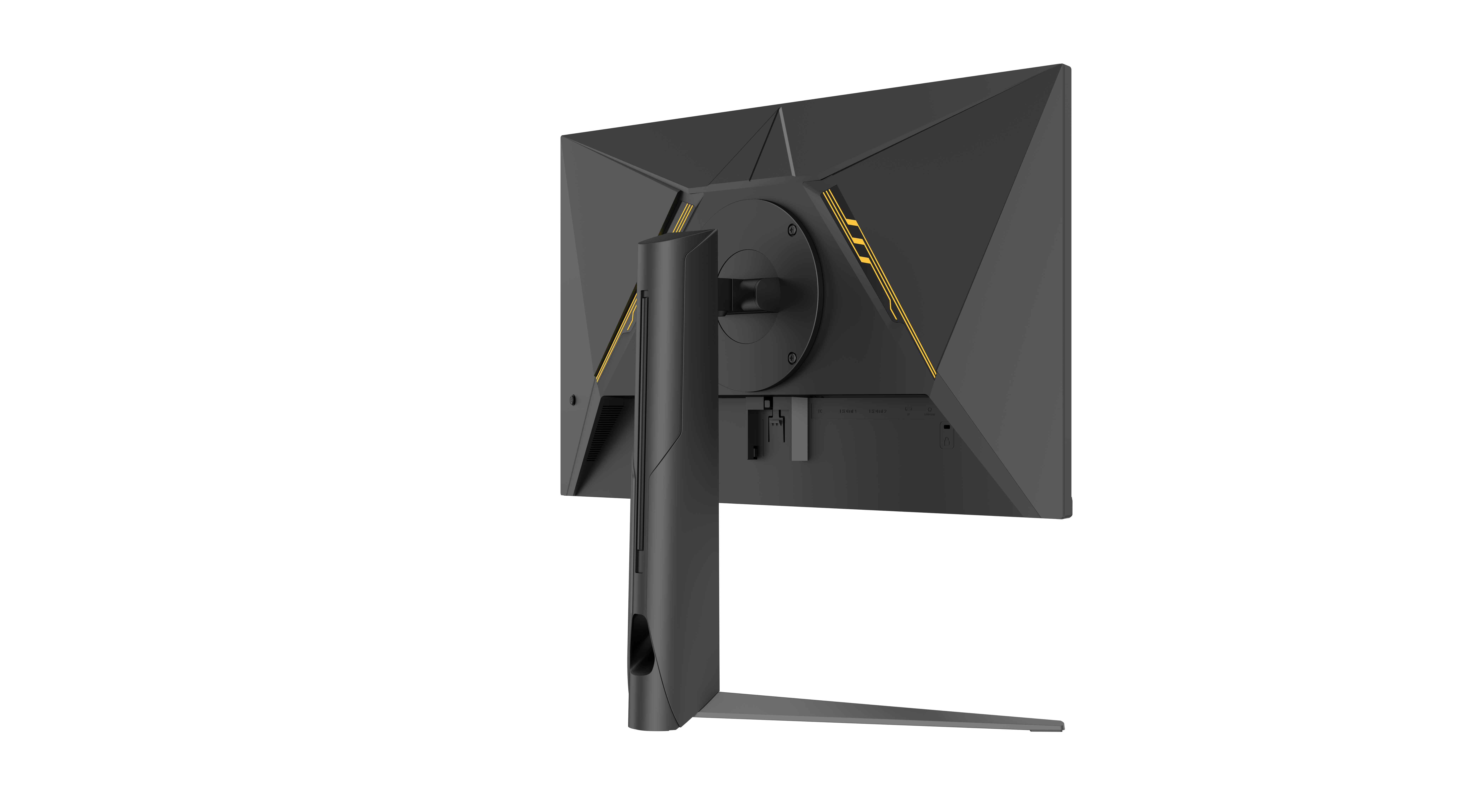 Die Rückseite eines schwarz-gelben Computermonitors. Er hat einen Ständer und einen Anschlussbereich. Der Hintergrund ist weiß.